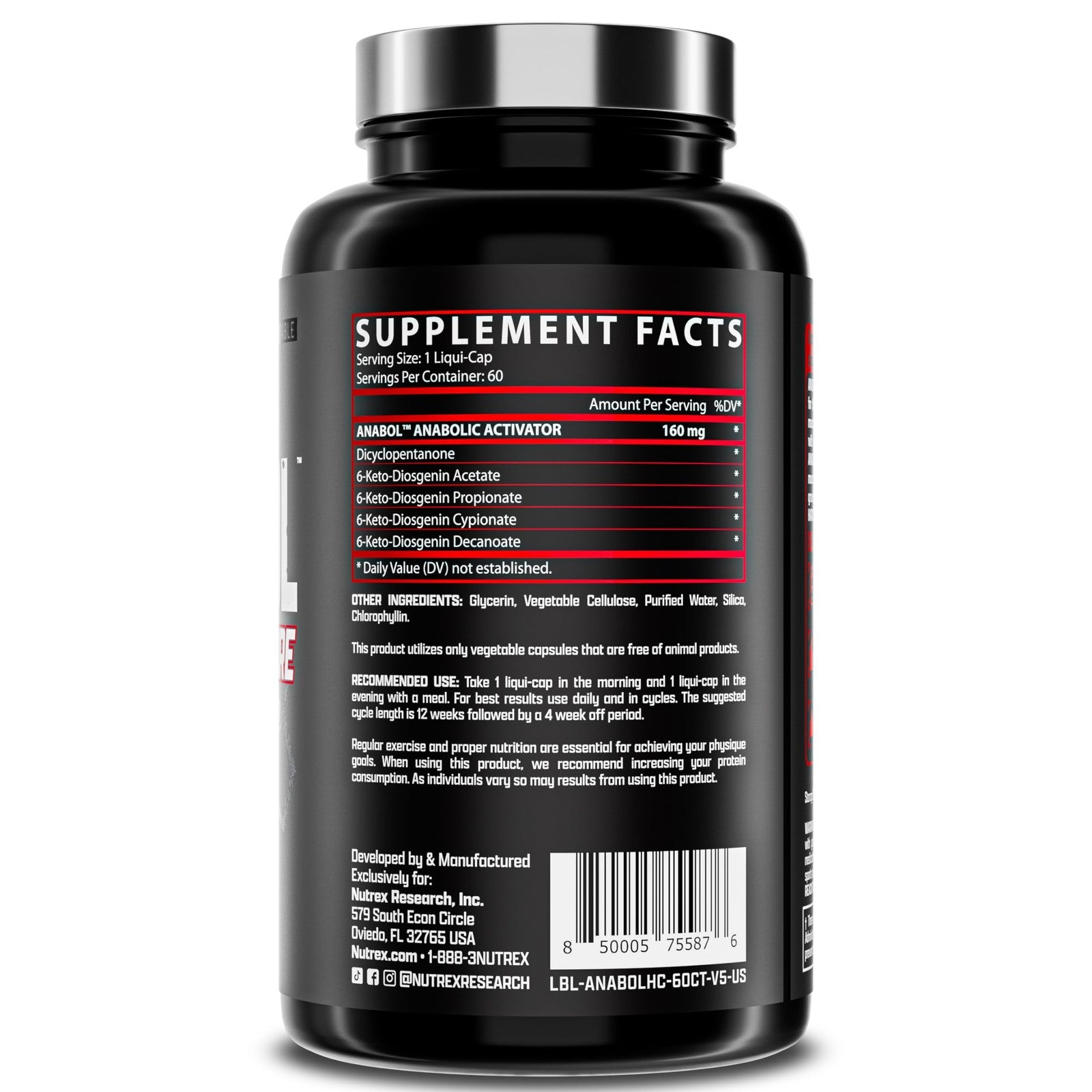 Container of Nutrex Research Anabol Hardcore muscle builder and hardening supplement with black and yellow packaging.
