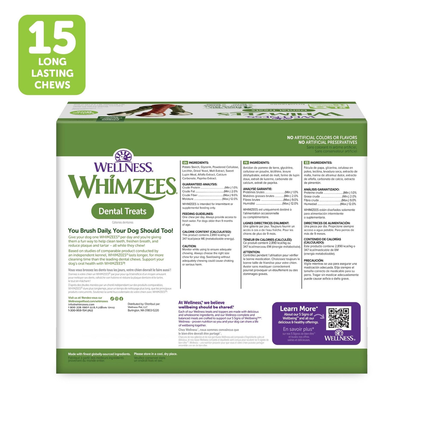 Wellness WHIMZEES X-Large Dog Dental Treats Value Box with 15 treats, showing the colorful bone-shaped treats in the box