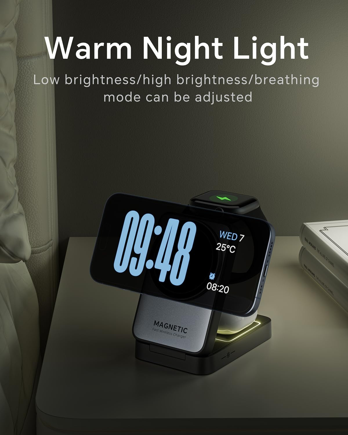 BODSEIEOU 2026 upgraded 3-in-1 wireless charger for iPhone with magnetic stand and travel-friendly design, black color.