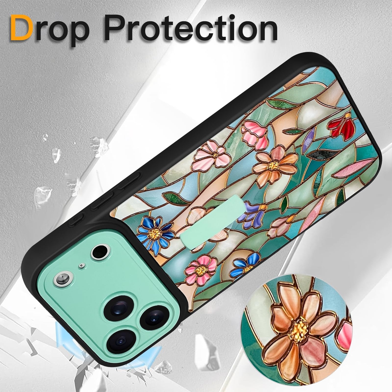 SOKAD 3D floral phone case for iPhone 17 Pro with finger strap and kickstand, featuring colorful flower design and textured surface.
