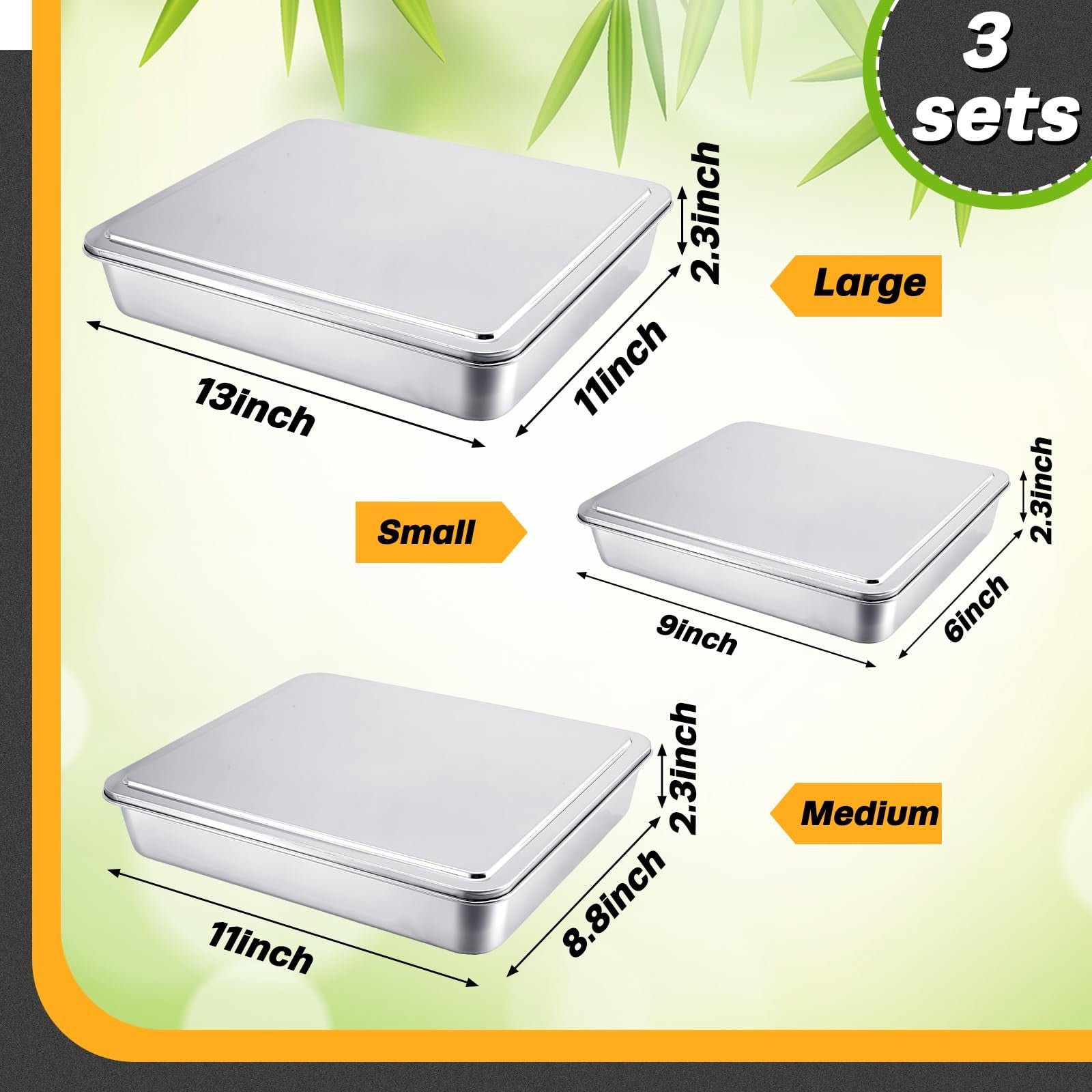 Tioncy stainless steel cake pan set includes three rectangular pans with lids in 13, 11, and 9 inches for baking and baking storage.