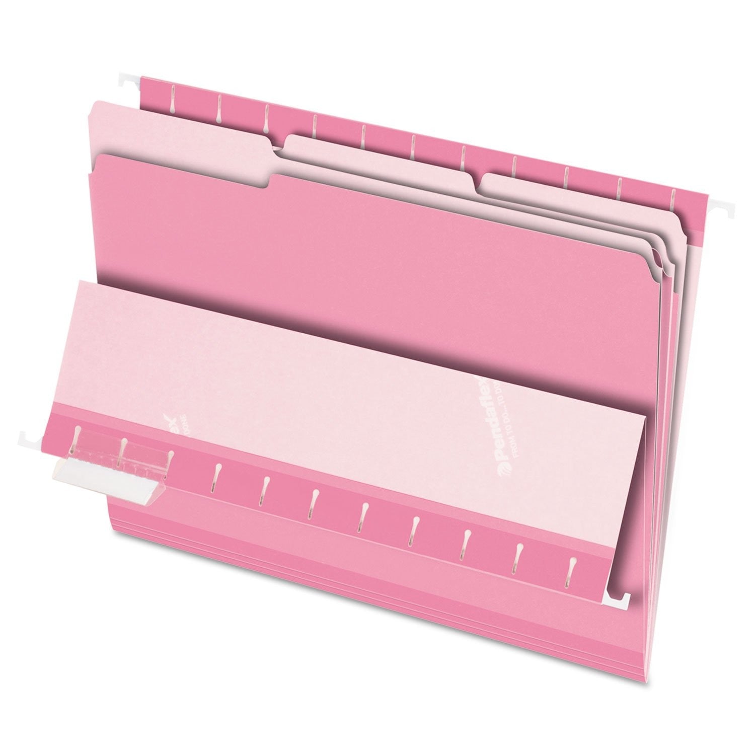 Pink Pendaflex interior file folders with top tabs, letter size, 1/3 cut, 100-pack for organized document storage.