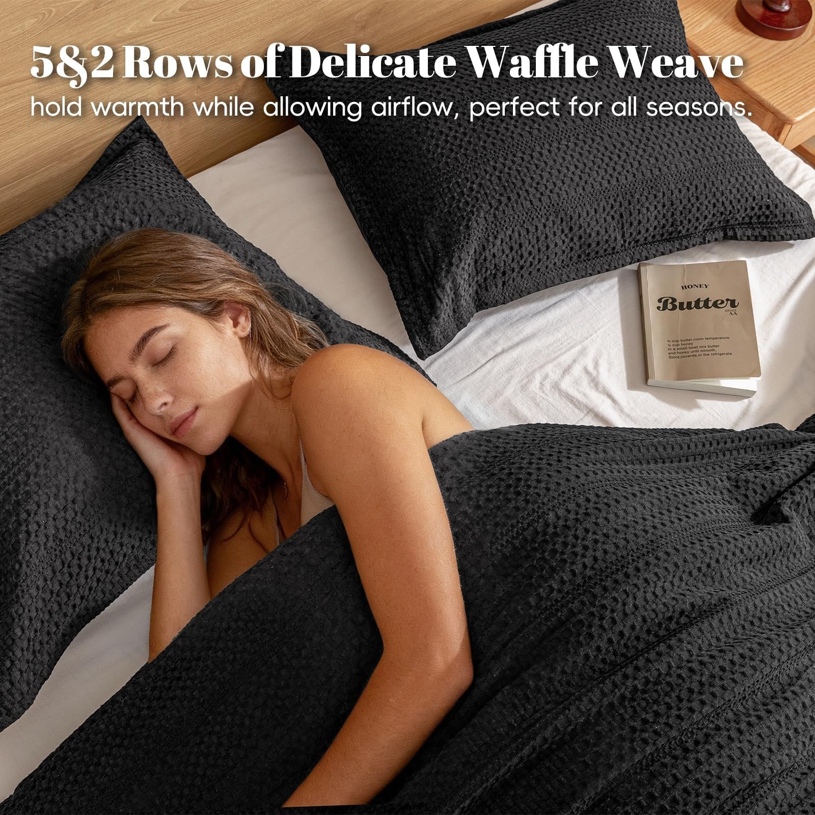 PHF twin size soft waffle comforter set with breathable waffle weave fabric, shown in a cozy bedroom setting.