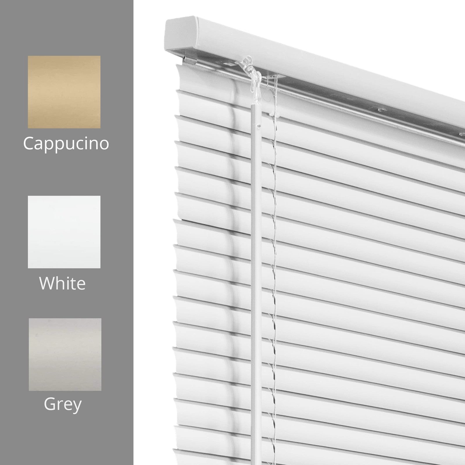 Chicology white mini blinds for indoor windows, 63W x 84H, horizontal vinyl slats, stylish window treatment.