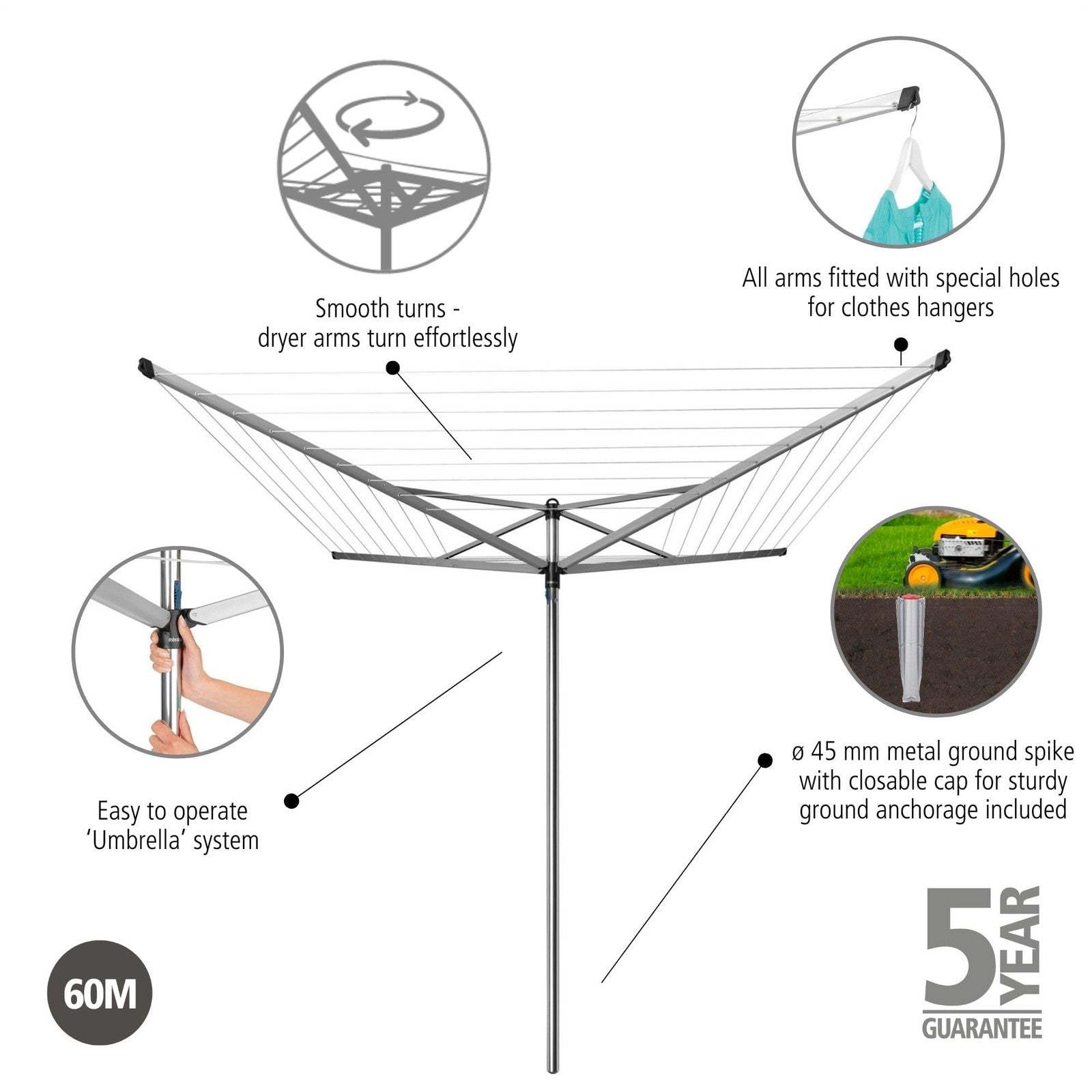 Brabantia Topspinner 4-arm outdoor clothesline with 197ft drying line, shown in a folded, rotating outdoor drying rack setup.