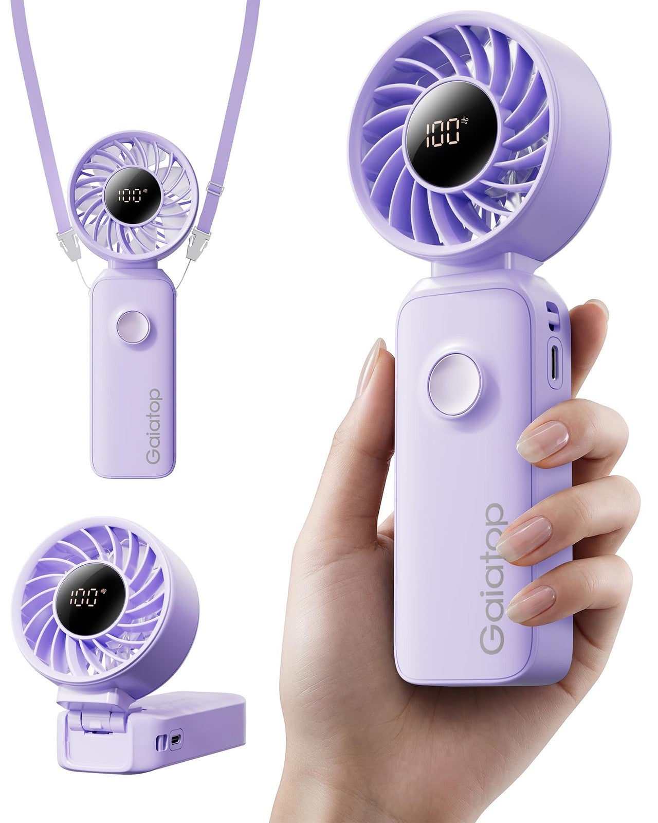 Gaiatop portable handheld fan with 5-speed settings, rechargeable battery, and 3-in-1 neck design, showing the fan in use.