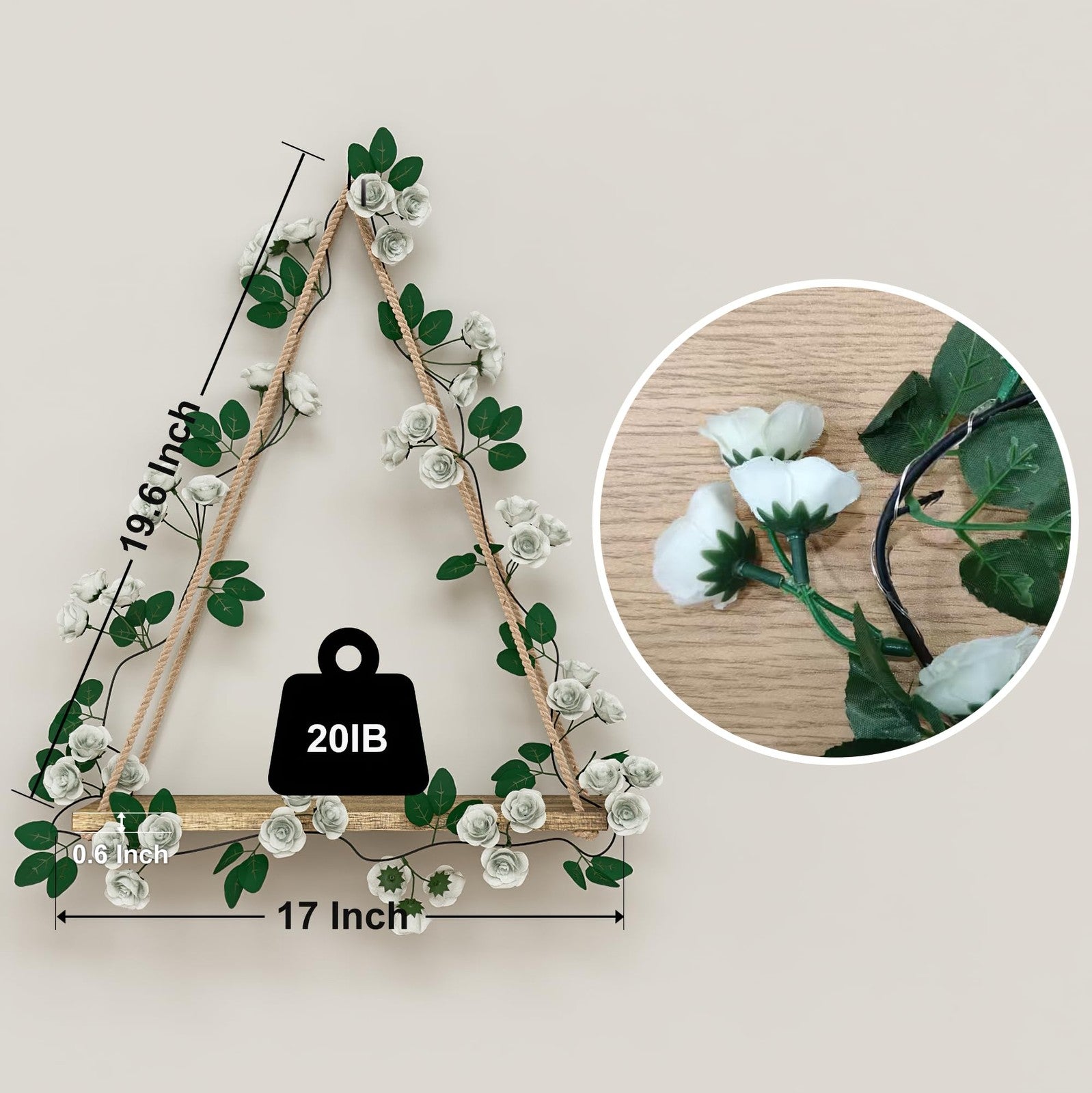 Artificial white flower garland with LED strip, wall hanging shelves set by RICHER HOUSE, featuring decorative floral and shelf display.
