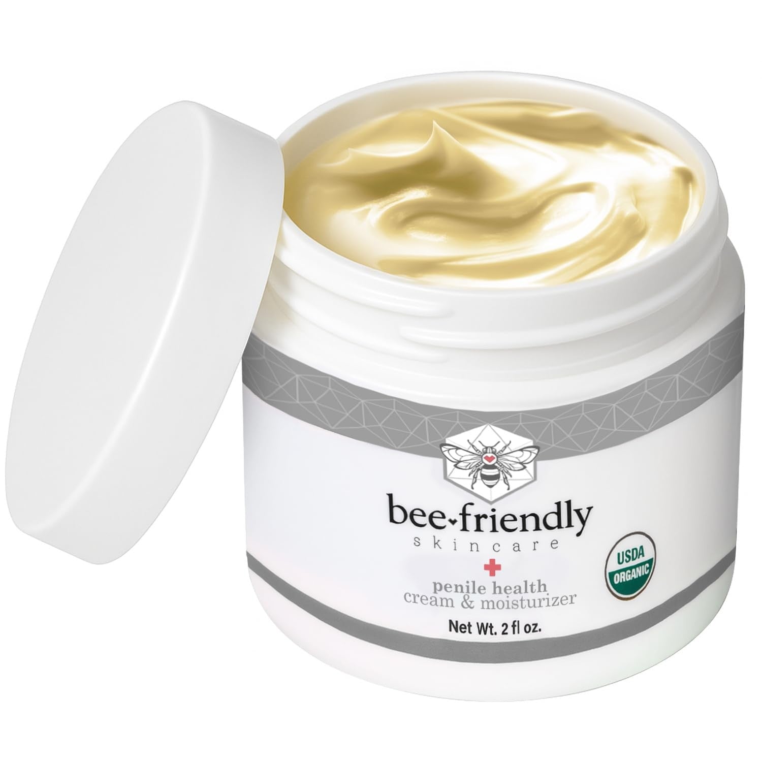 BeeFriendly Organic Penile Health Creme in 4oz tube, USDA Certified natural moisturizer with herbal ingredients for intimate skin care.