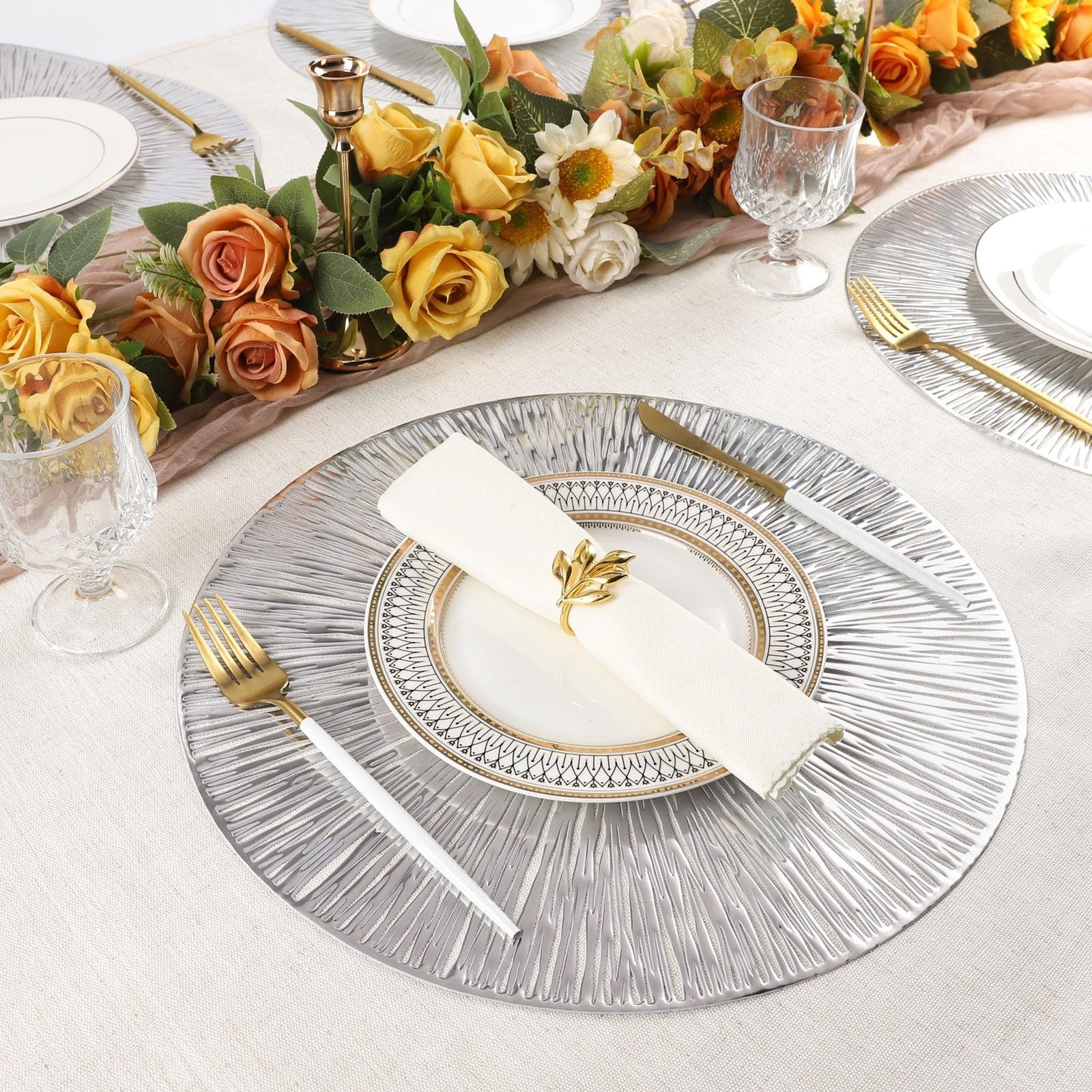 Evevda 8-piece round vinyl placemats set with hollow design, 15-inch diameter, for dining table protection and decor.