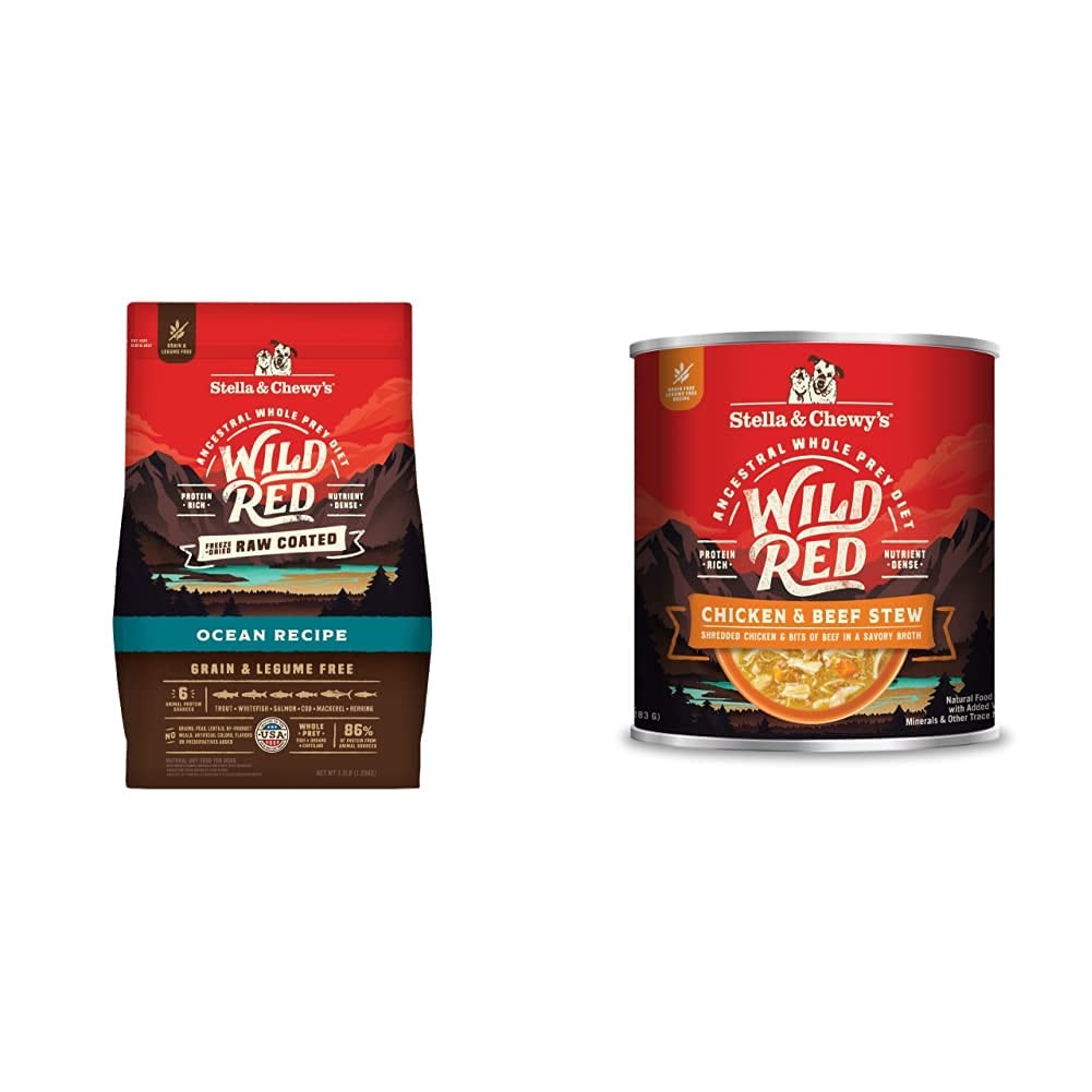 Stella & Chewy's Wild Red Raw Coated Kibble dry dog food with grain-free ocean recipe, showing kibble pieces on a white background.