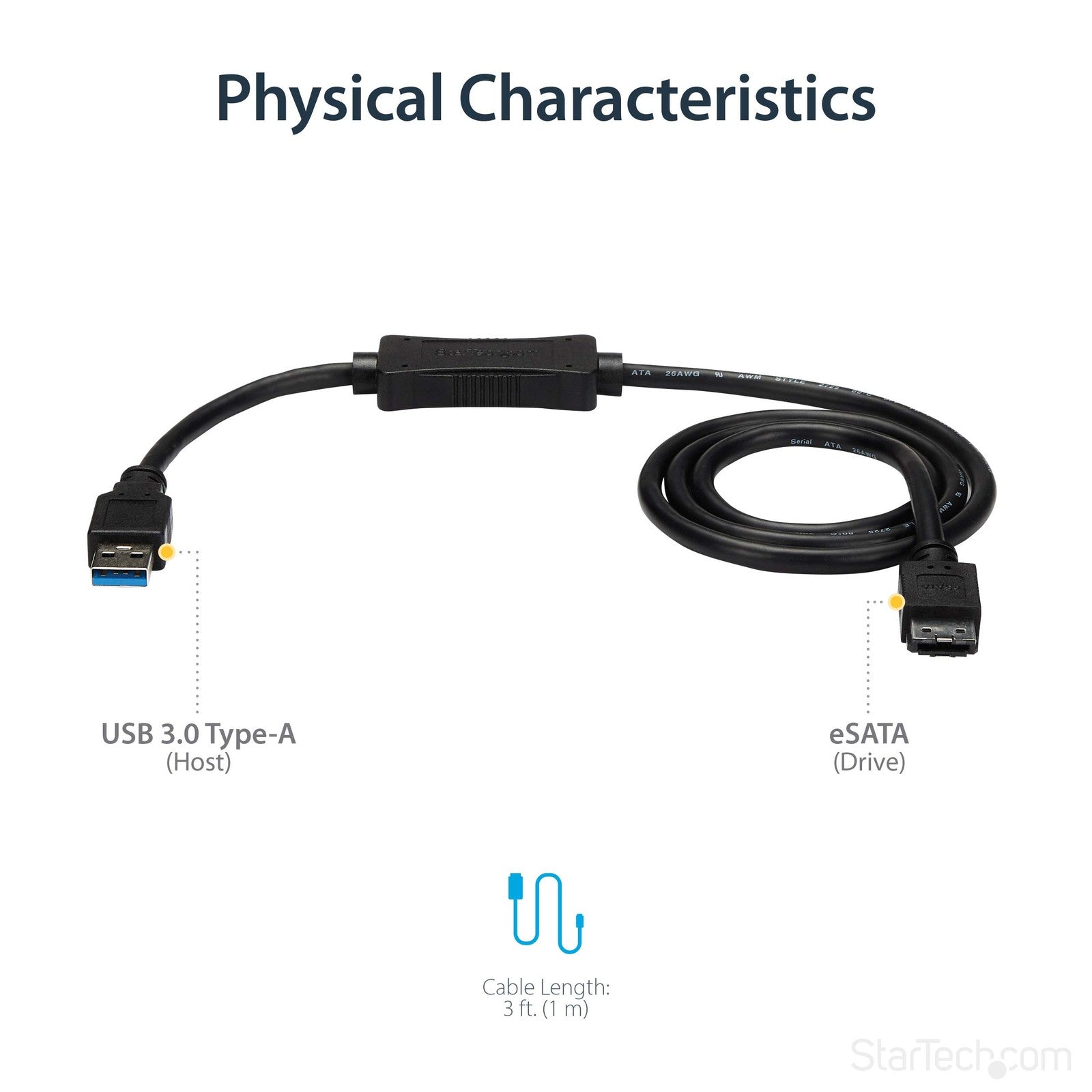 StarTech.com 3 ft USB 3.0 to eSATA adapter connecting USB port to eSATA devices for fast HDD, SSD, or ODD data transfer.