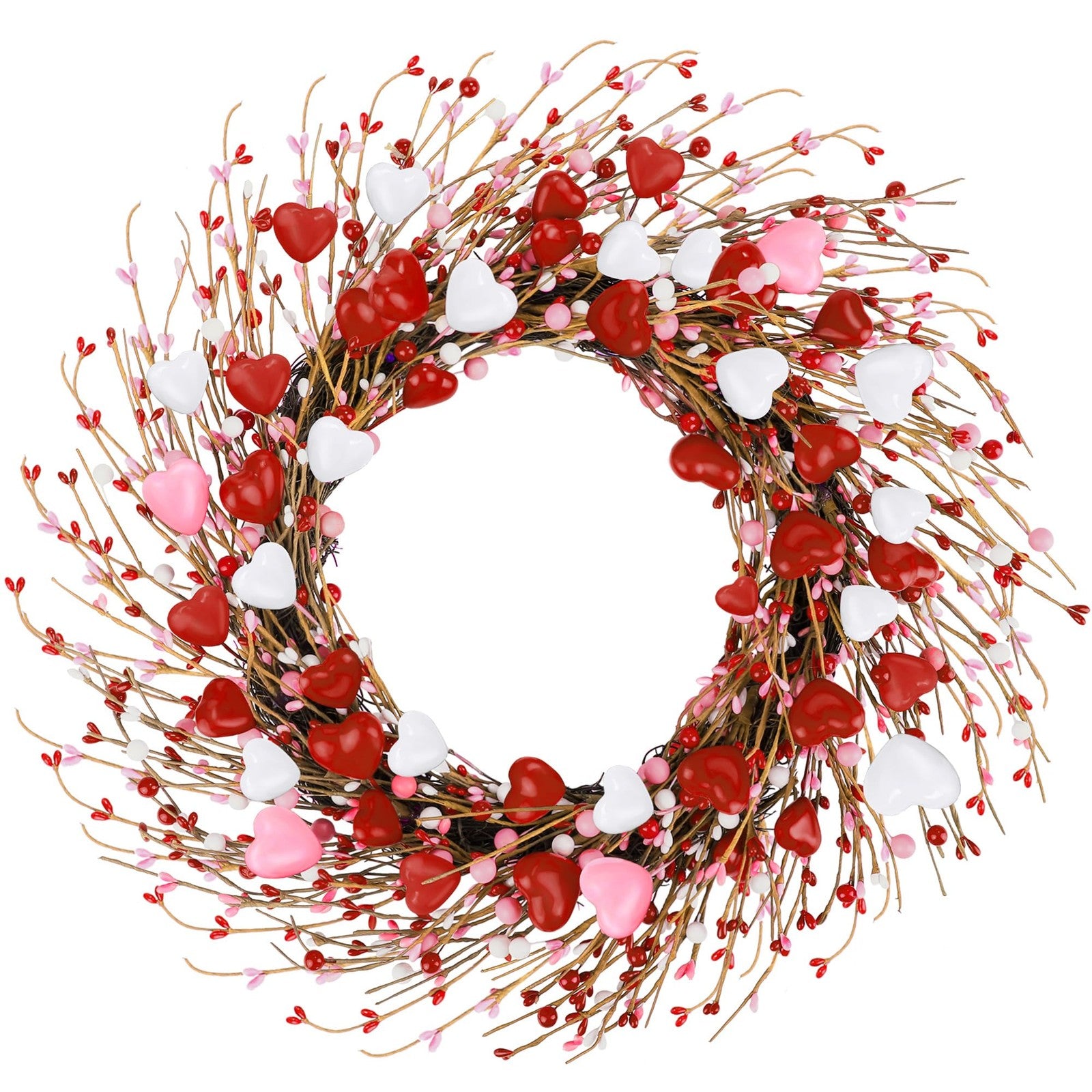 ANVAVO Valentine’s Day wreath with red, pink, and white hearts, berries, and artificial flowers, 24 inches decorative floral display.