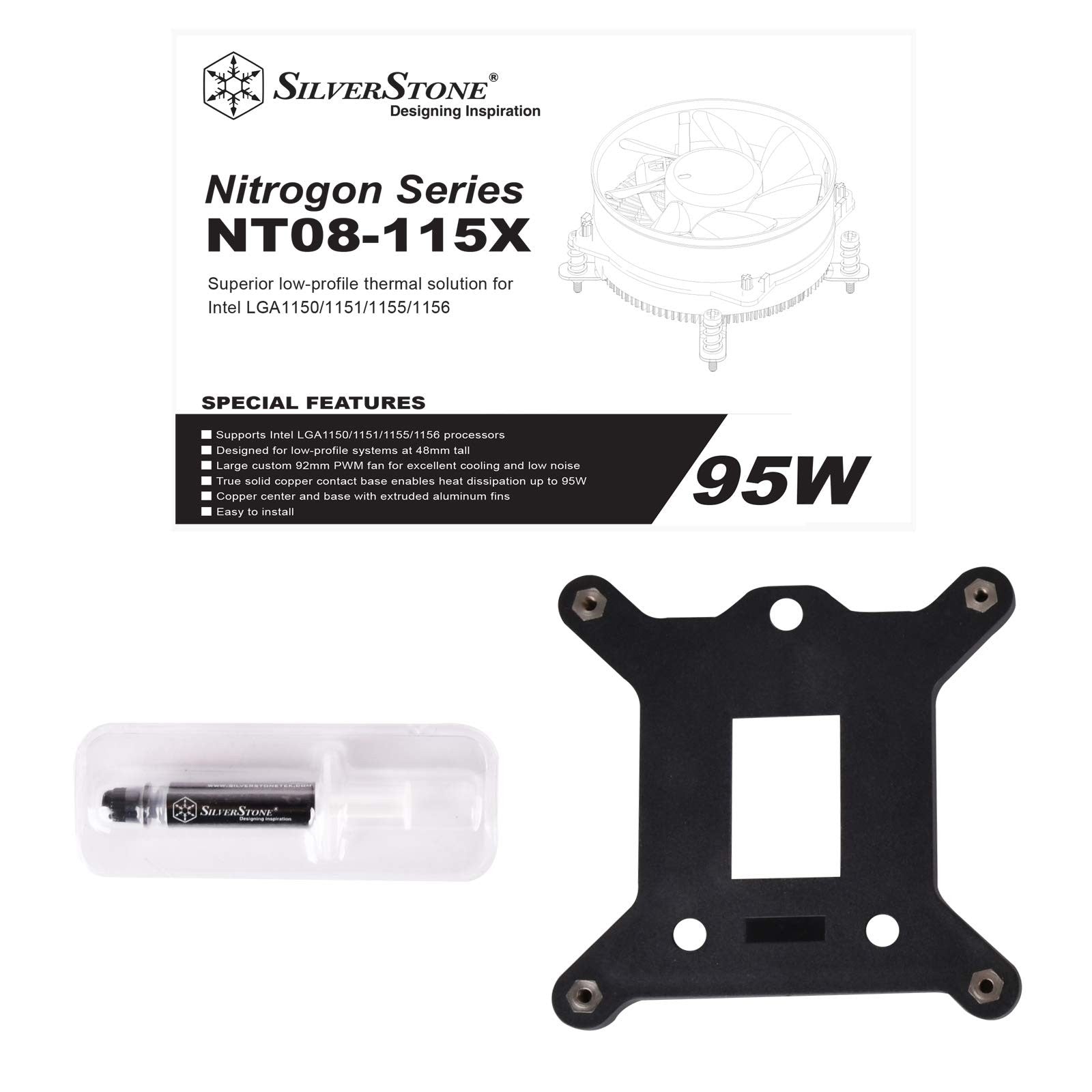 SilverStone SST-NT08-115X-V2 low profile CPU cooler with silver heatsink and fan, designed for LGA 115X sockets, supports 95W TDP