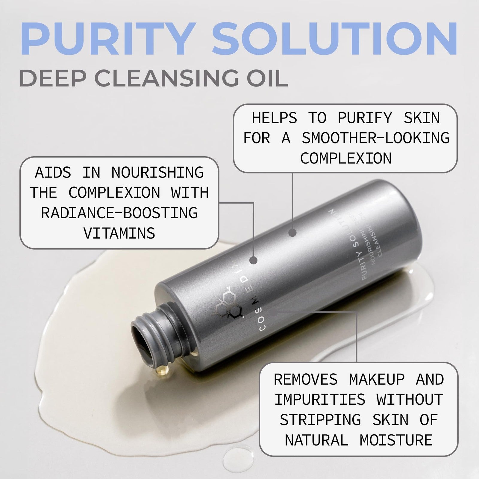 COSMEDIX Purity Solution Cleansing Oil, a 2-in-1 makeup remover and hydrating facial oil, shown in a clear bottle with a pump dispenser.