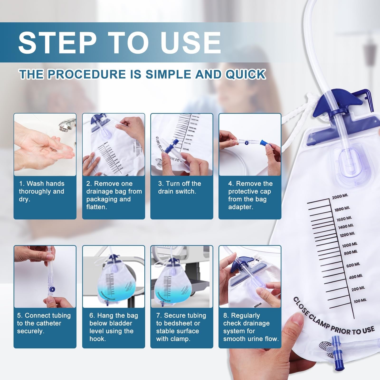 Set of 10 YOOGUSTO urinary drainage bags with 2000ml capacity, anti-reflux chamber, and 48-inch flexible tubing.