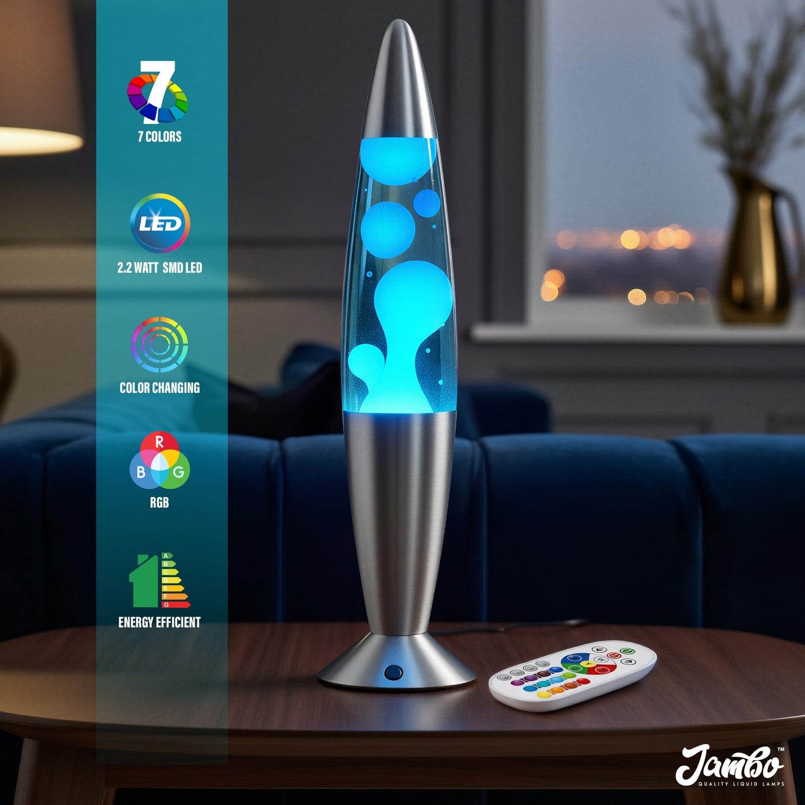 JAMBO 17-color changing LED motion lamp with remote control, 16-inch LED light for kids and teens, displaying vibrant colors and motion sensor.