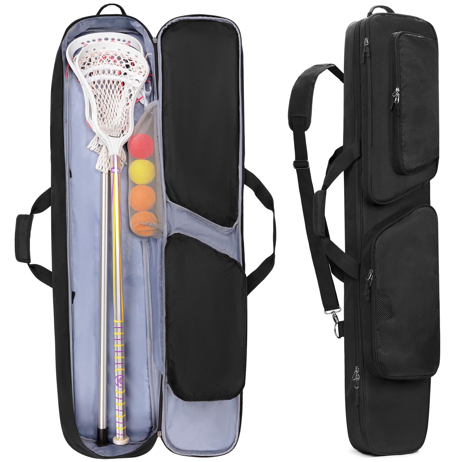 DSLEAF padded lacrosse stick bag with space for two sticks and gear, featuring a separate shoe compartment.