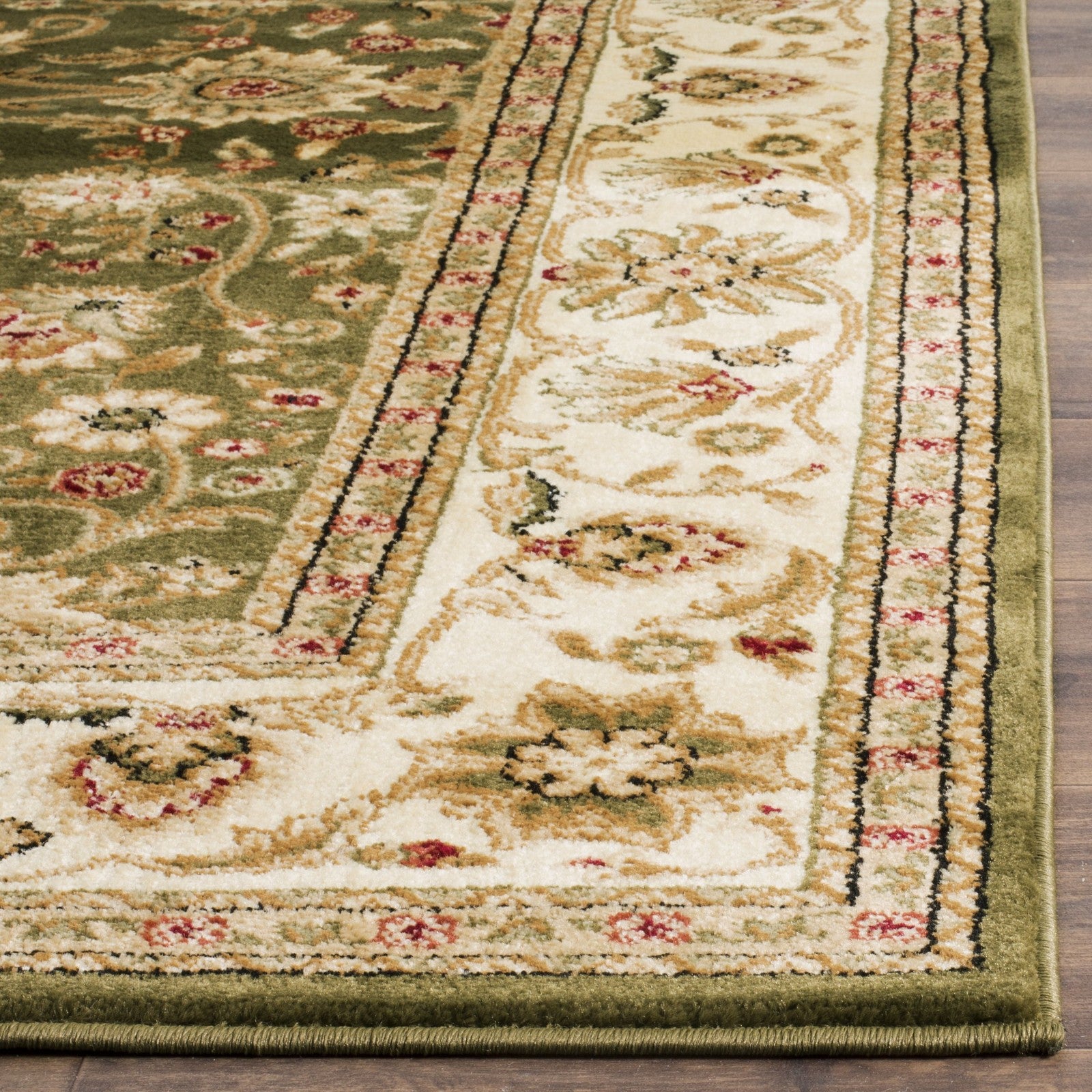 Safavieh Lyndhurst traditional area rug in sage and ivory, 53-inch square with intricate pattern and soft textile texture.