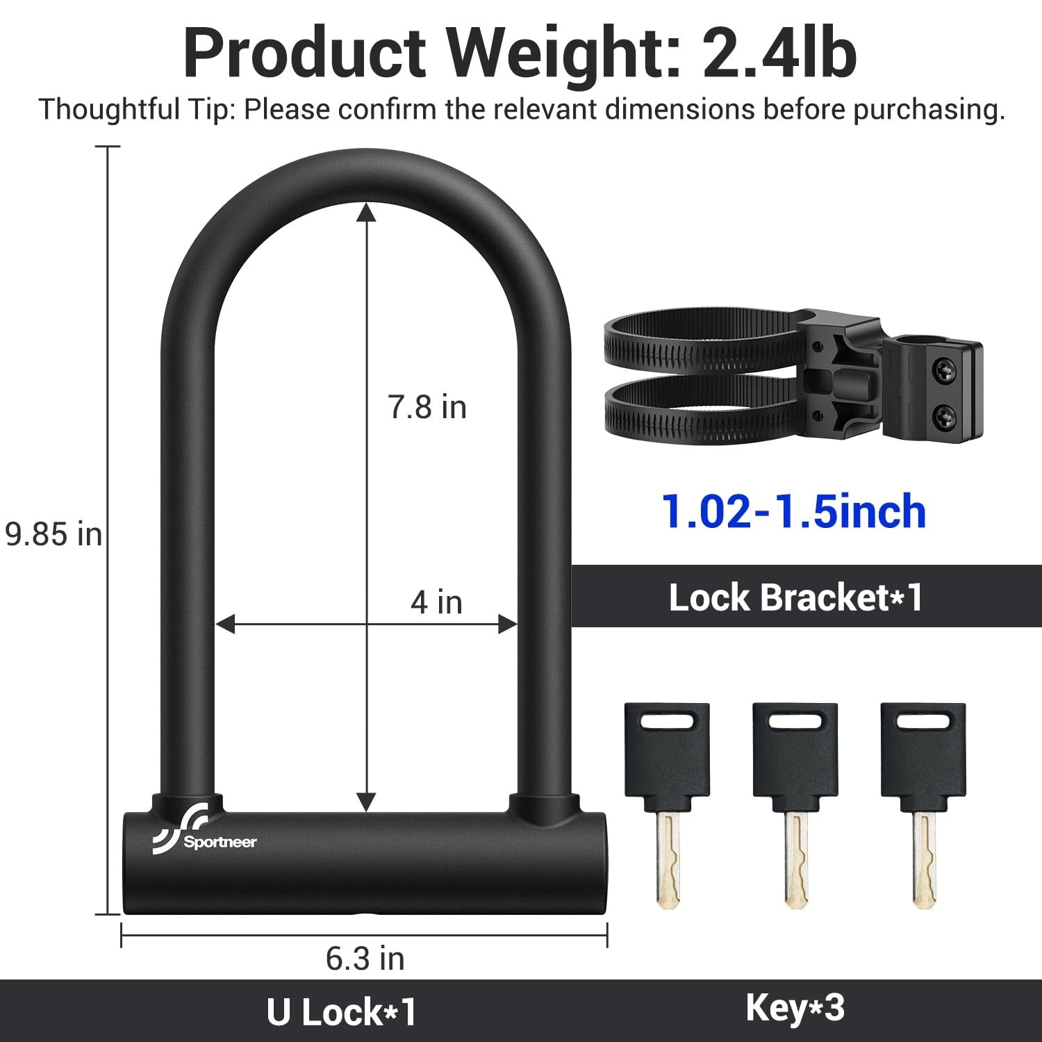 Sportneer heavy-duty bike lock with 18mm shackle, U-lock design, featuring three keys for bicycle security.