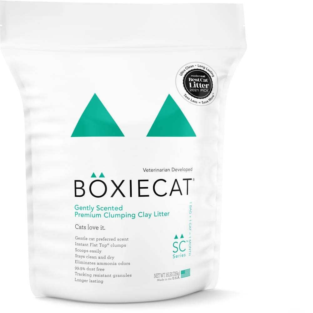 Boxie Cat Premium Clumping Clay Litter in 16 lb box with cleanup bundle, featuring natural clay texture and brand labeling.
