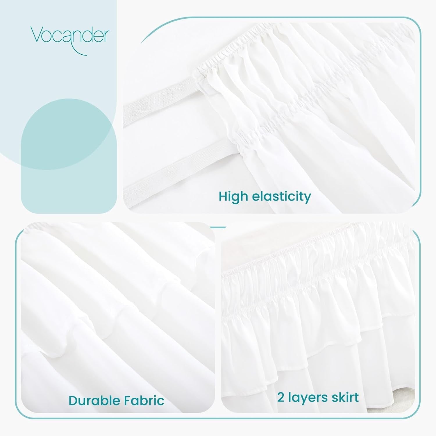White queen size Vocander 2-layer bedskirt with 14-inch drop, featuring a pleated design and easy-to-install style.