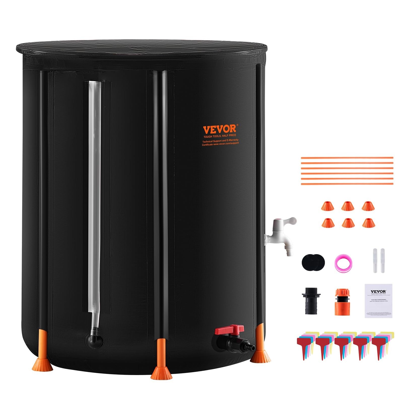 VEVOR collapsible rain barrel in black, 53 gallons, portable water collection container with a spout and foldable design.