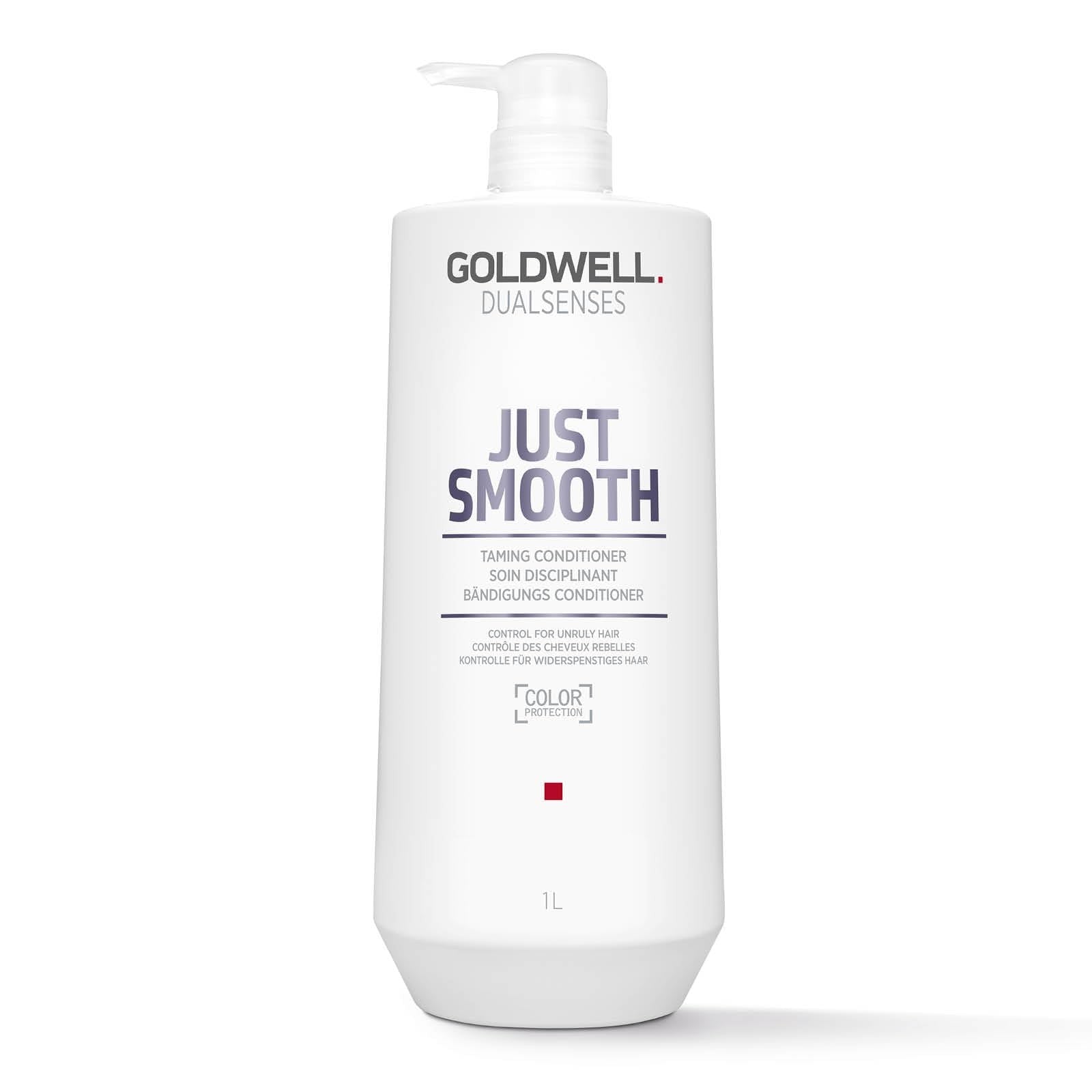 Goldwell Dualsenses Just Smooth anti-frizz conditioner bottle with smooth, sleek hair in the background