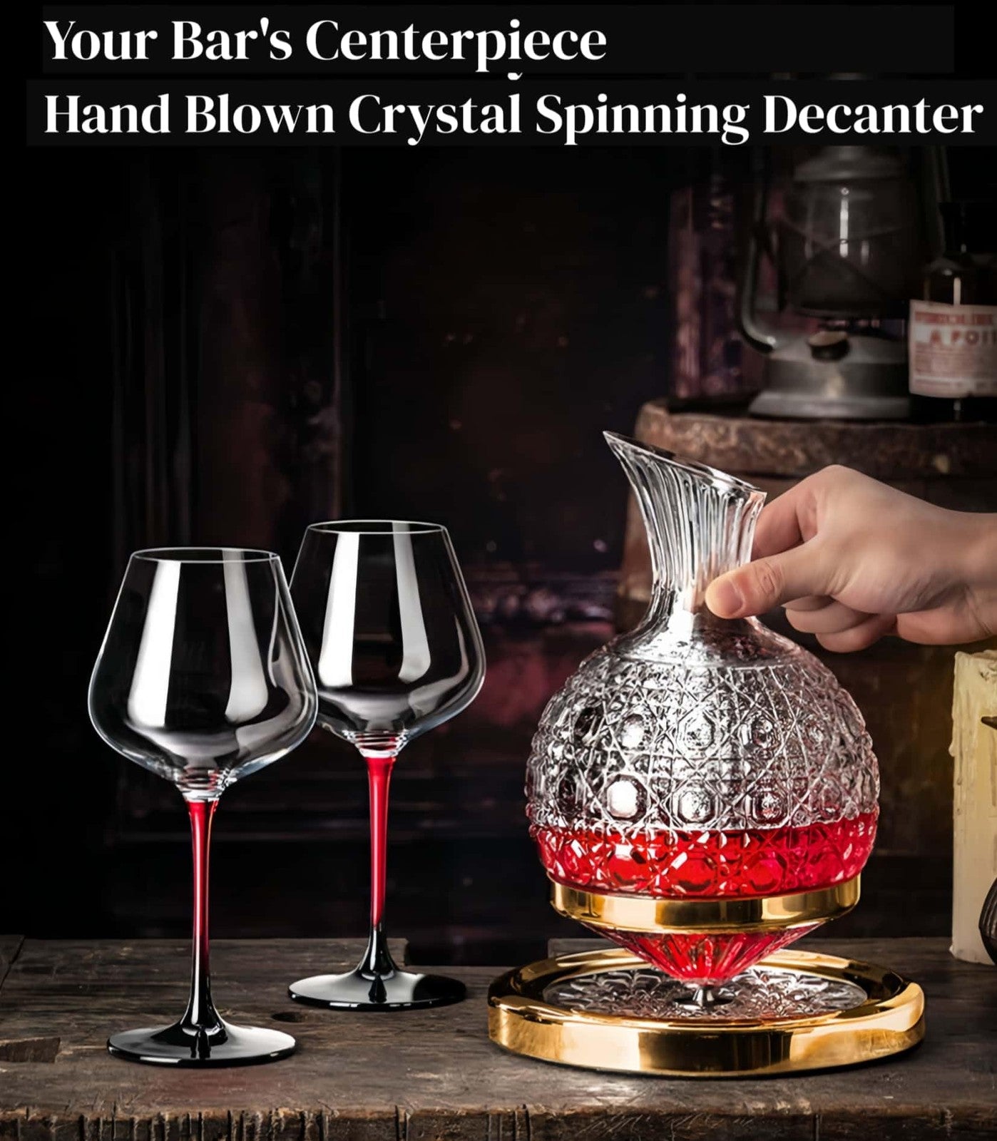 Jarler wine decanter set featuring spinning crystal red wine decanter, carafes, and a football-shaped stopper.