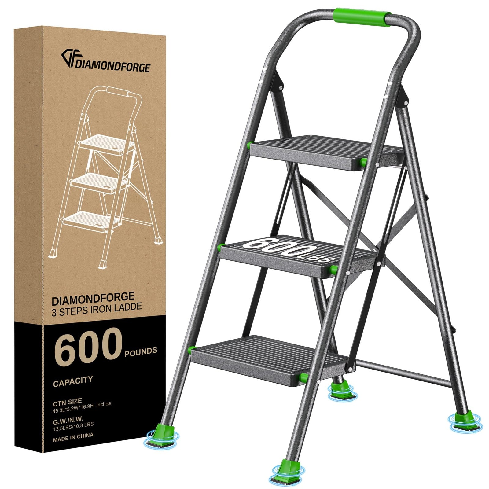 Foldable DIAMONDFORGE step ladder with three steps, suitable for home, kitchen, and adult use, featuring a compact, extendable design.
