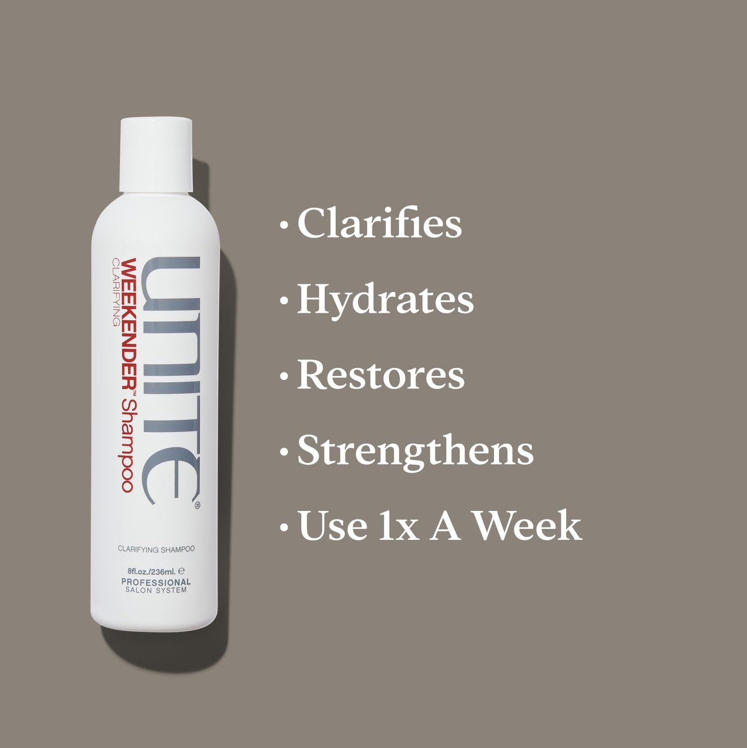 UNITE Hair Weekender Shampoo with clarifying formula for removing product build-up and refreshing hair.