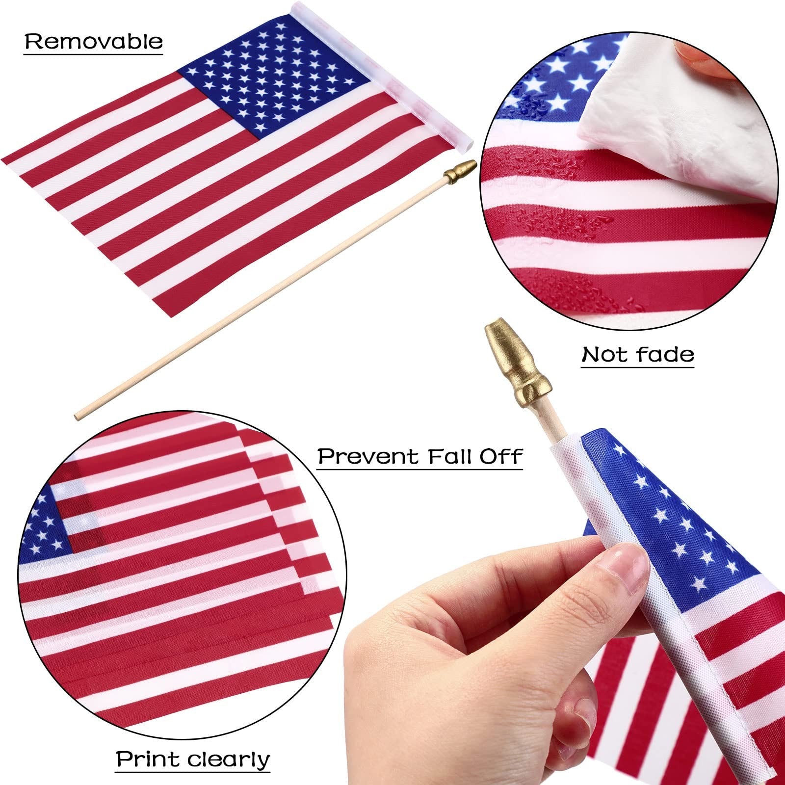 Set of 10 small American flags on sticks, 4x6 inches, with gold accents, ideal for celebrations or patriotic displays.