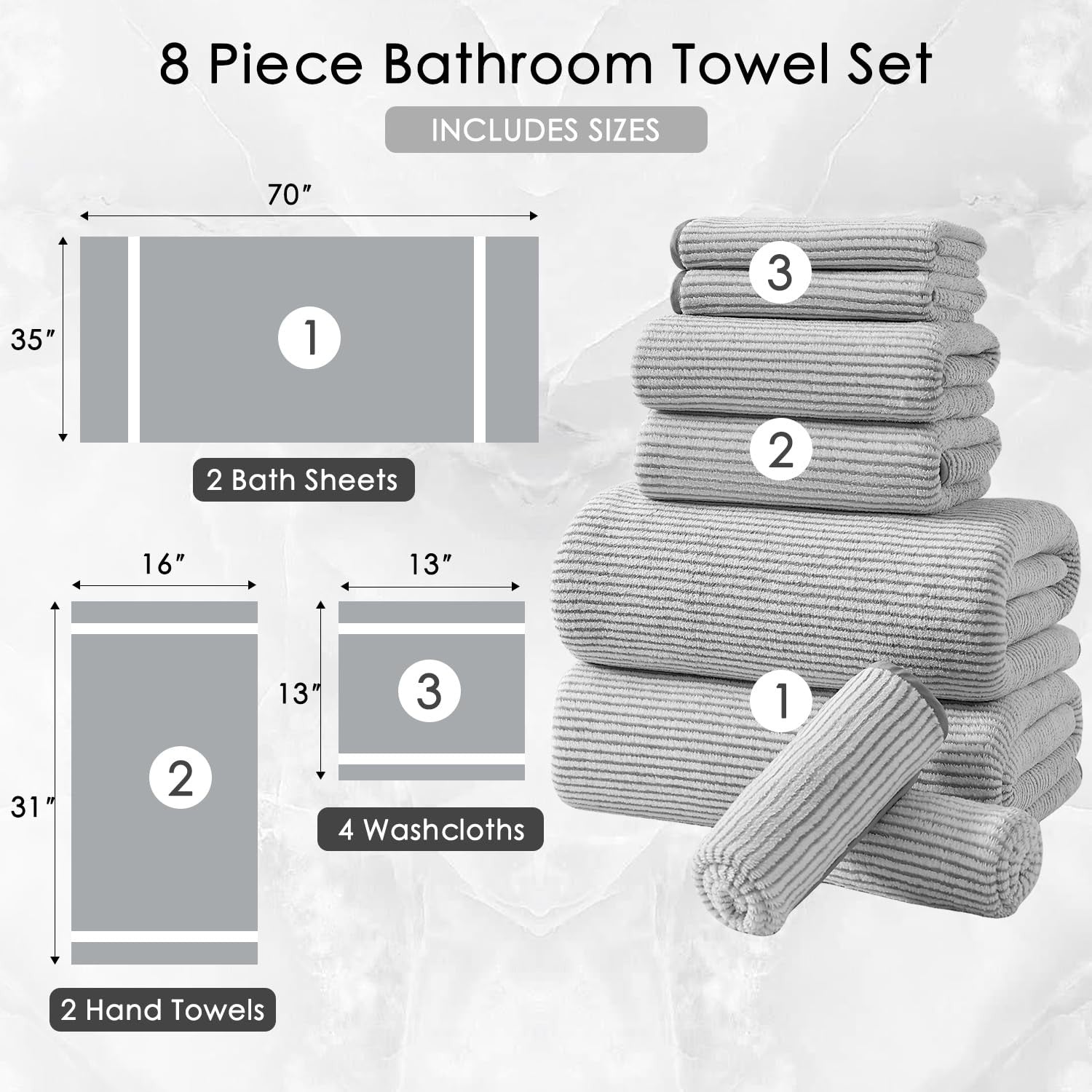 Jessy Home 8-piece premium bathroom towel set with two large bath sheets and two hand towels in soft, absorbent fabric.