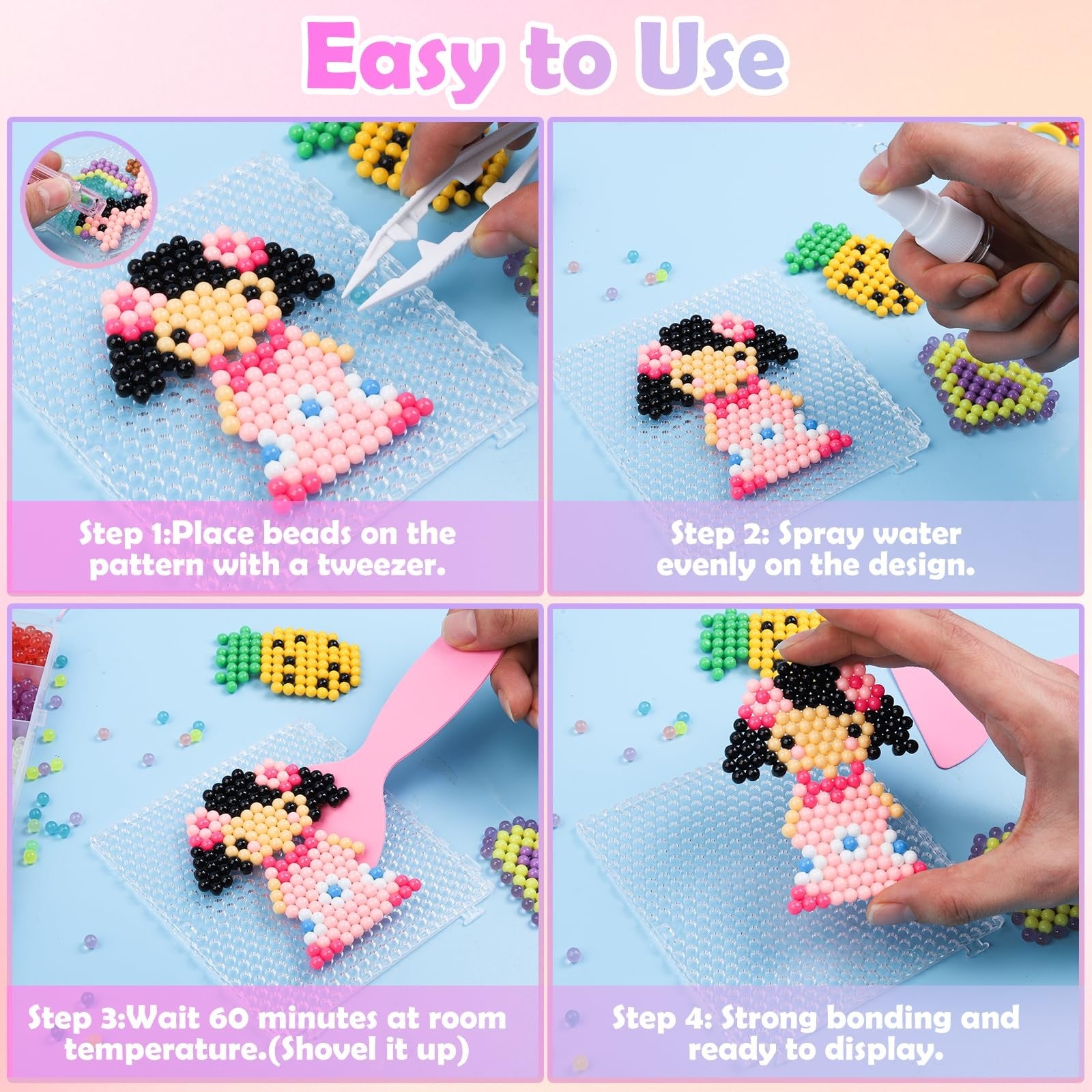 Liangding 9000 pcs non-iron fuse beads kit with 72 colors and pegboard, 5mm spray-activated beads for crafting and bead art.