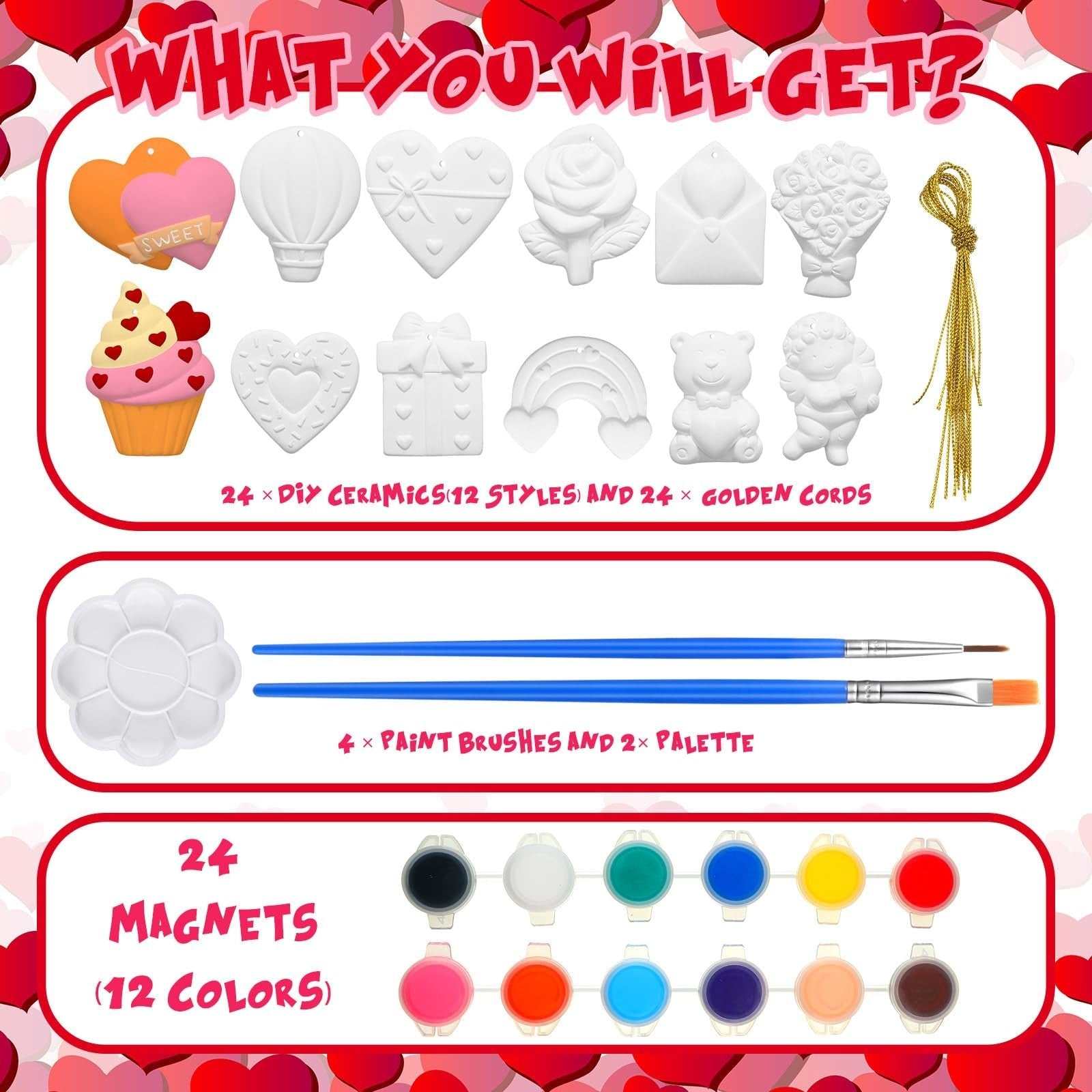 24-piece Valentine's Day ceramic painting kit with unfinished figurines, brushes, palettes, and acrylic paints