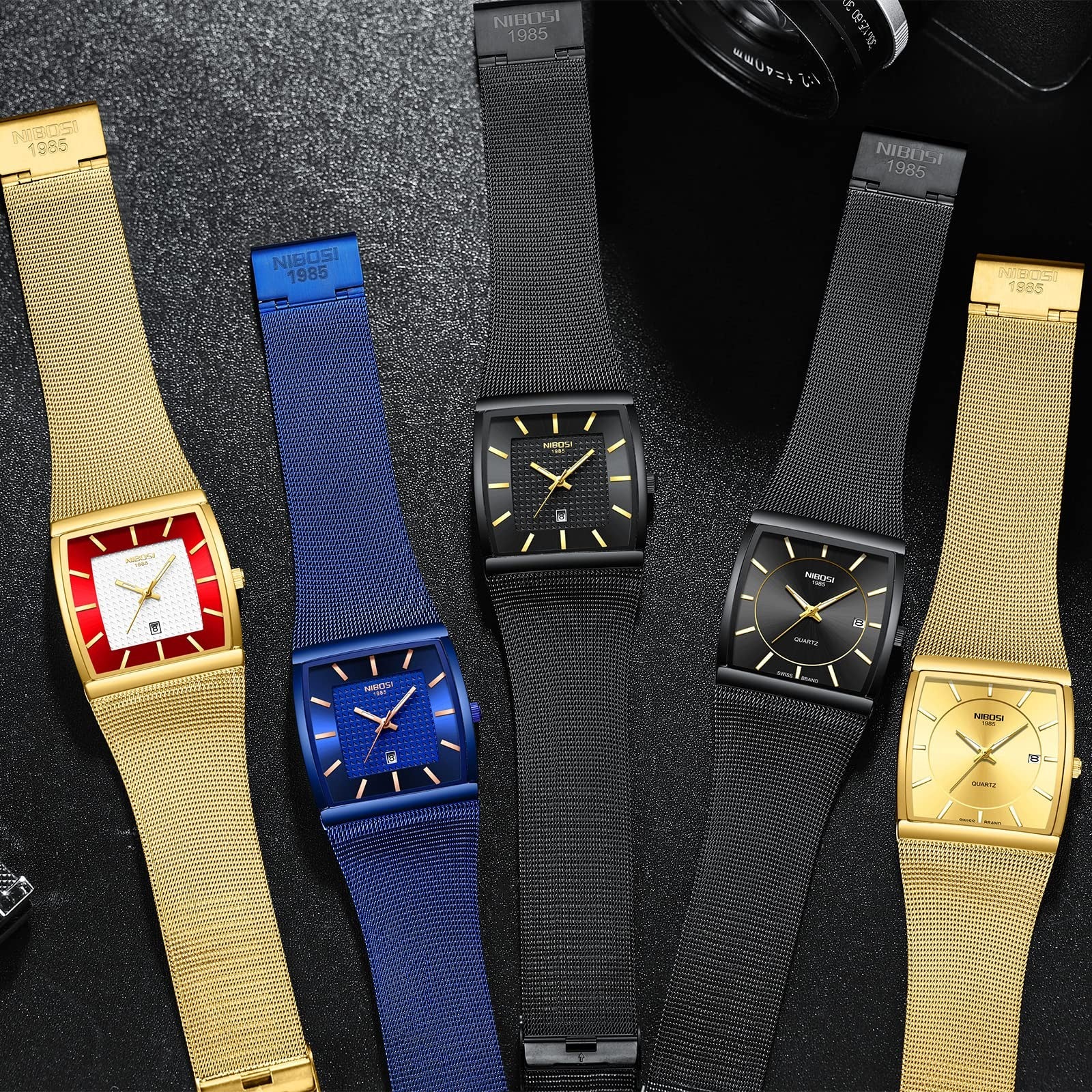 NIBOSI men's square quartz watch with stainless steel band, blue analog face, and 3ATM water resistance.
