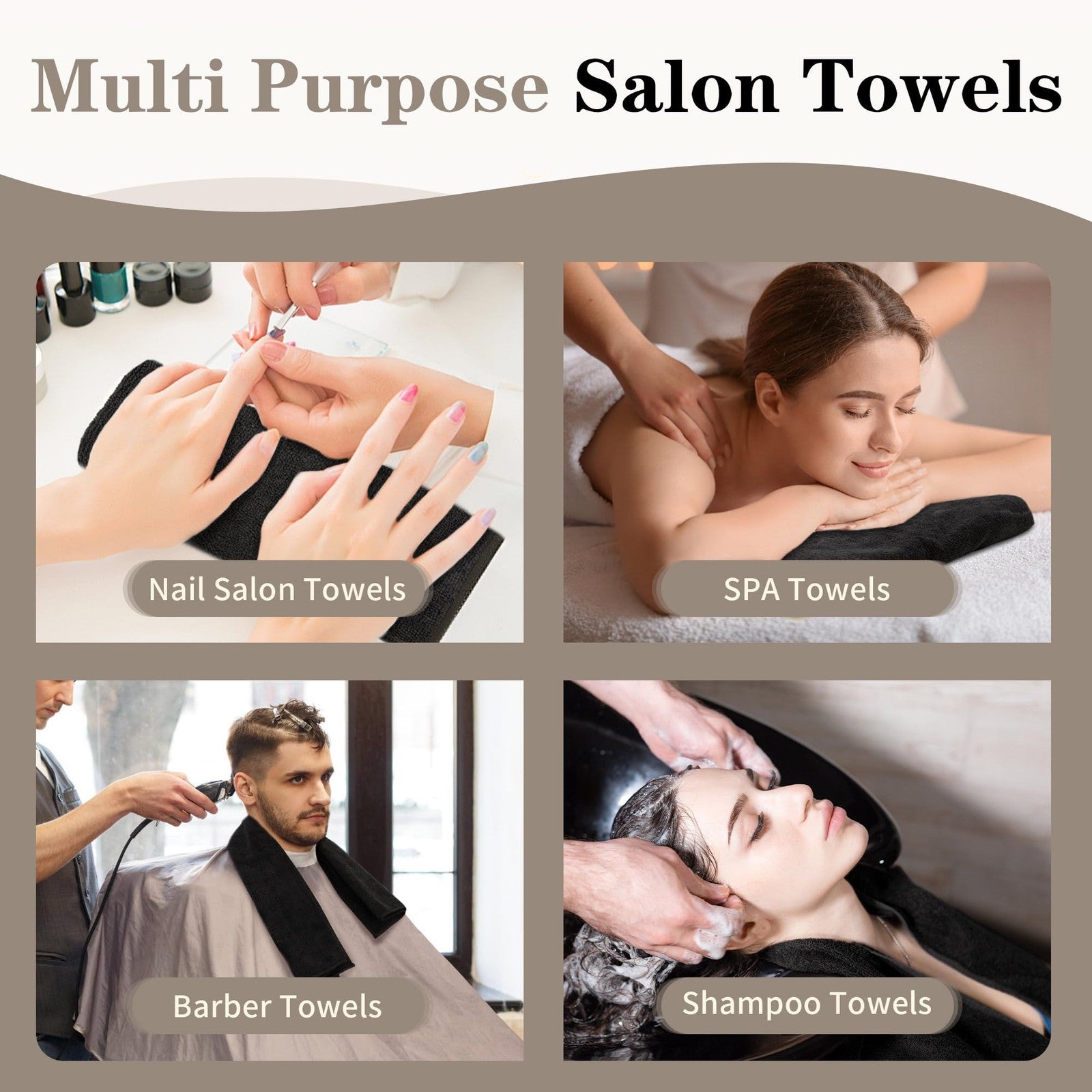 FIXSMITH black salon hand towels in a 24-pack, quick-drying bathroom and gym towels displayed in a clean, organized setting.