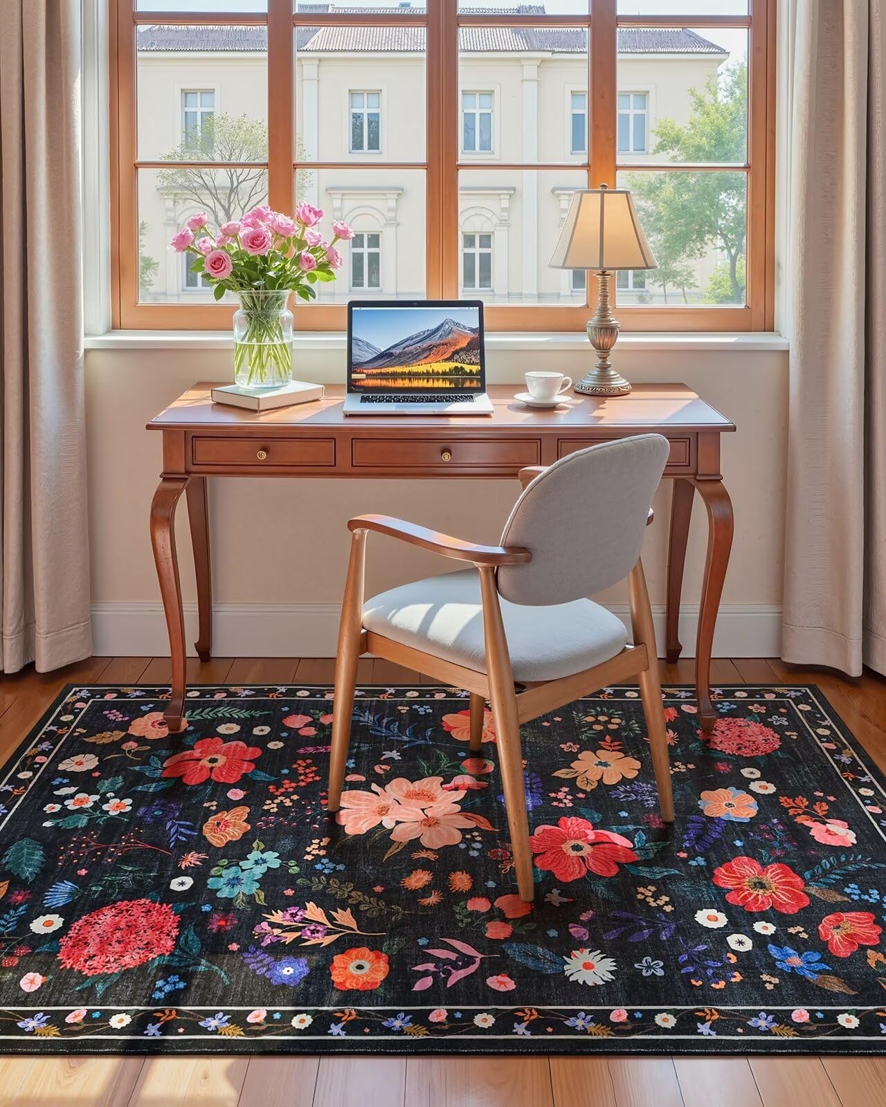 Black floral Macgace 4x6 machine washable area rug with floral pattern, suitable for girls' bedrooms.