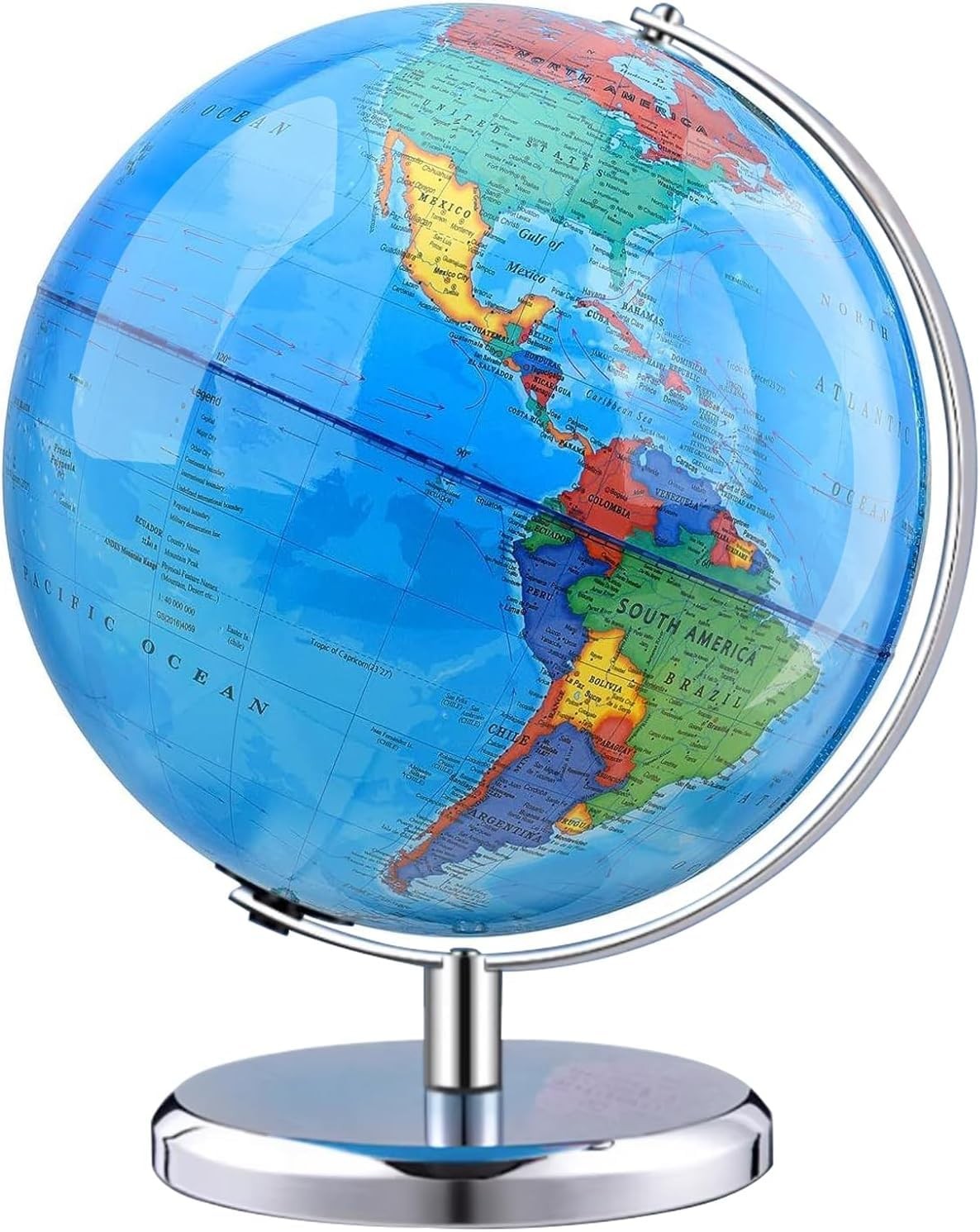 TTKTK world globe with stainless steel stand, spinning rotating earth globe showing detailed continents and geographic features.