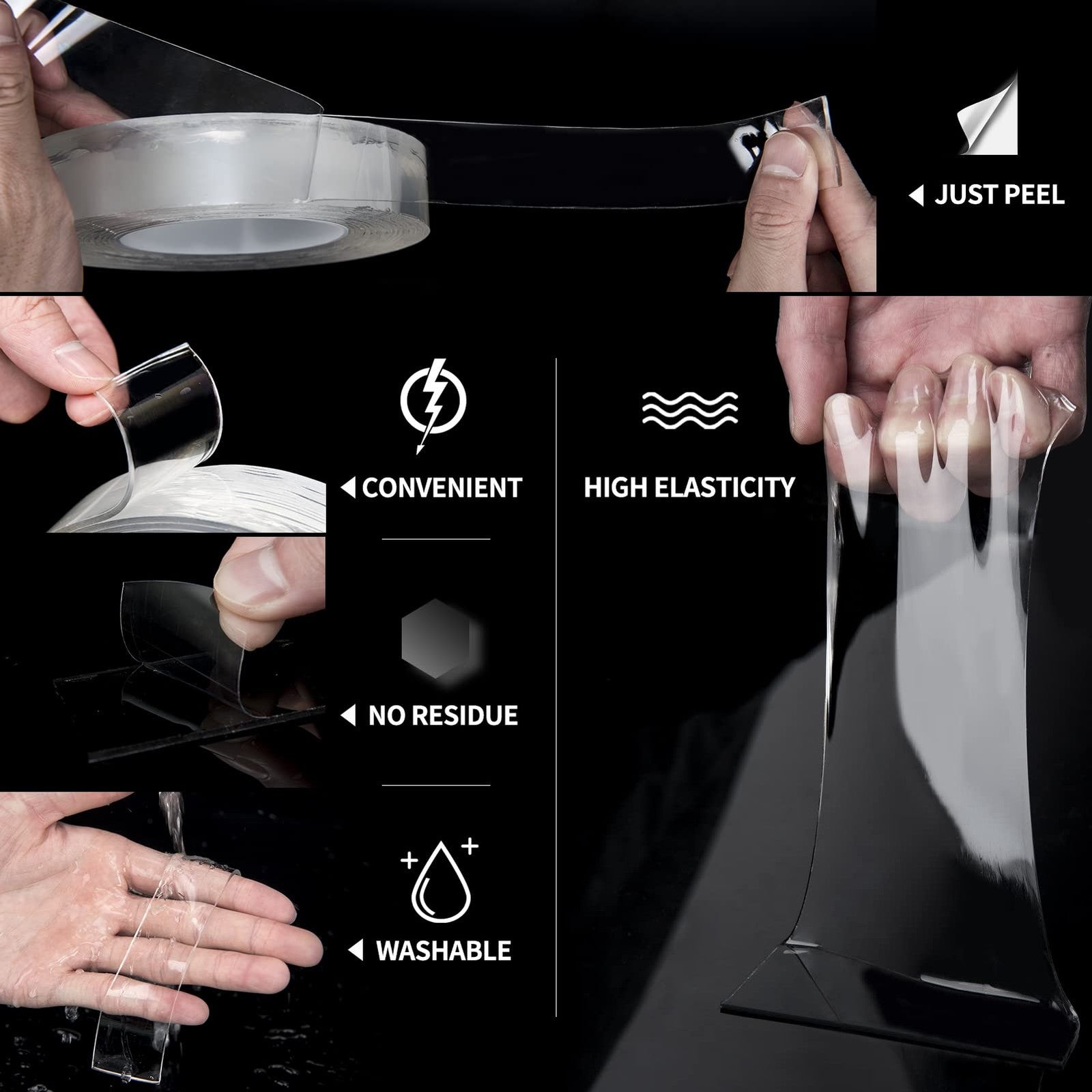 Art3d double-sided mounting tape 10FT, reusable and damage-free, shown in close-up with tape strips ready for application