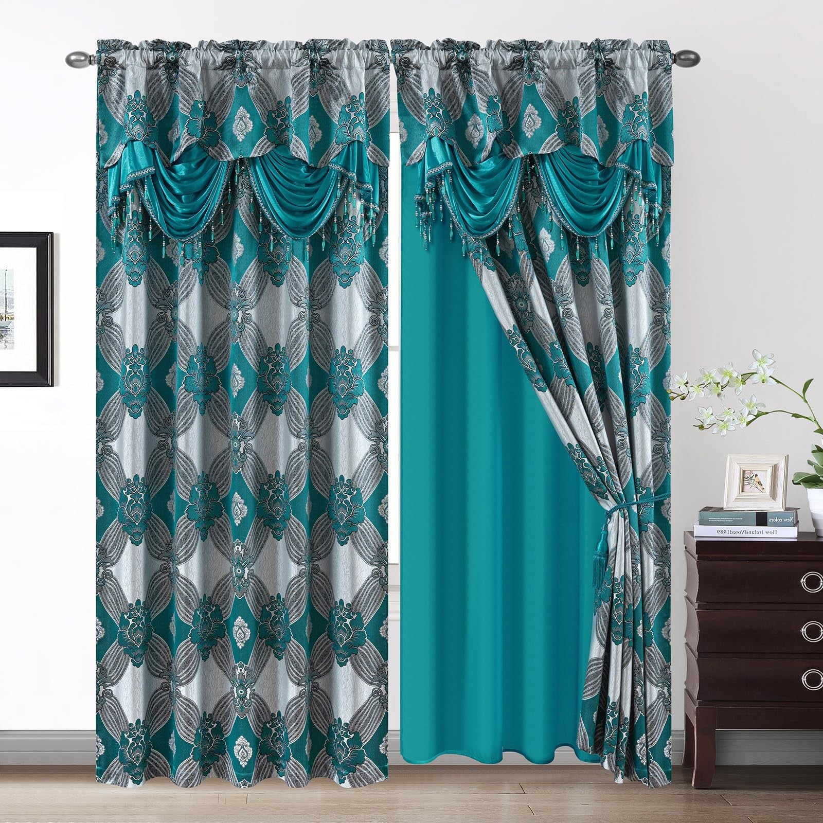 Petrichor luxury curtains with gold and silver threads, two-panel set, elegant window treatment with intricate woven design.