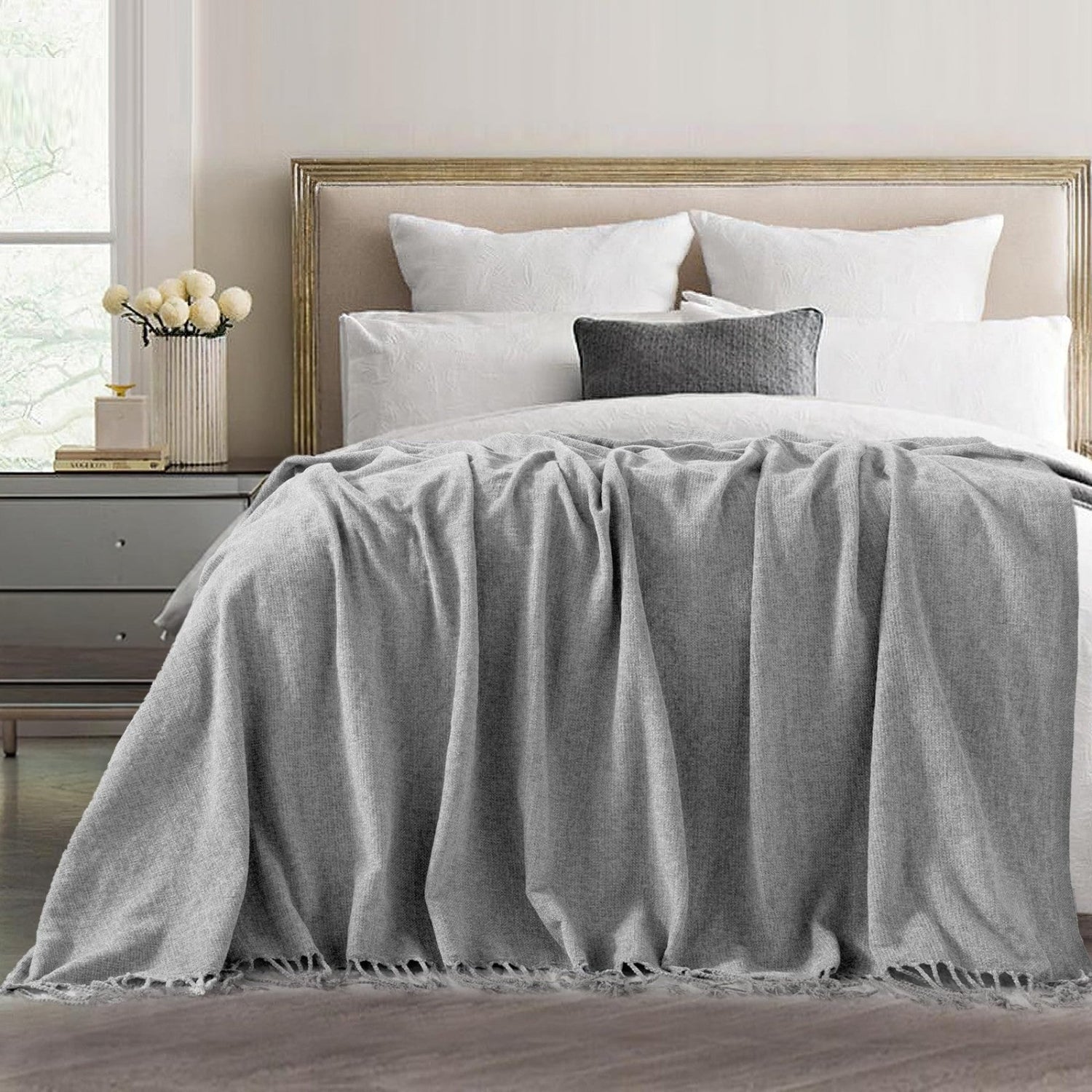 Ginamuse chenille throw blanket for couch with tassels, soft lightweight 60x88 inches in beige, cozy and stylish home decor accessory.
