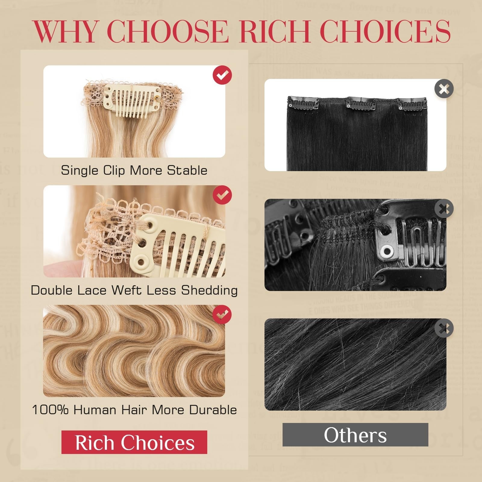 Rich Choices clip-in hair extension with curly wave real human hair, six-piece set showing natural textured hair clips.