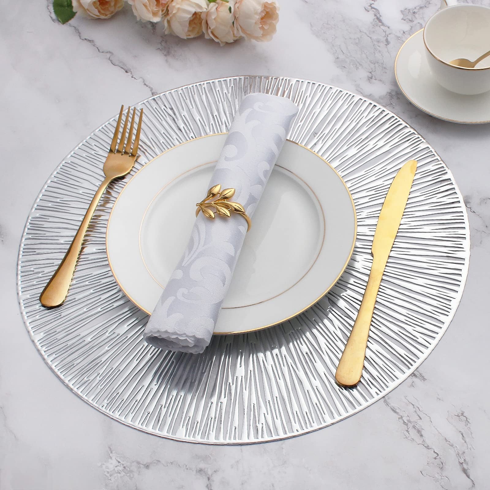 Evevda 8-piece round hollow vinyl placemat set for dining tables, 15-inch pressed mat with stylish design and durable material