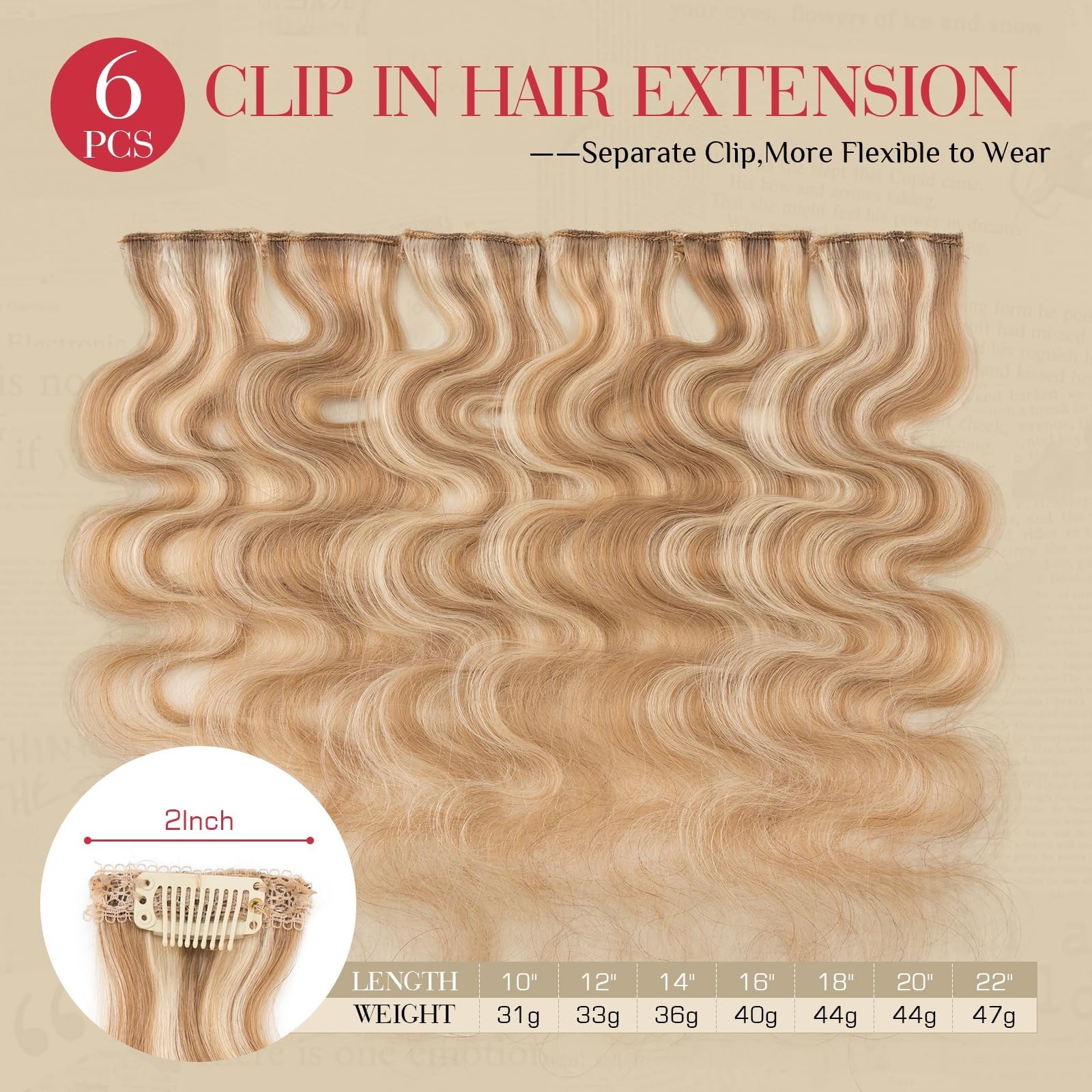Rich Choices clip-in hair extension with six pieces of real human hair in wavy and curly styles, featuring single clip attachments.