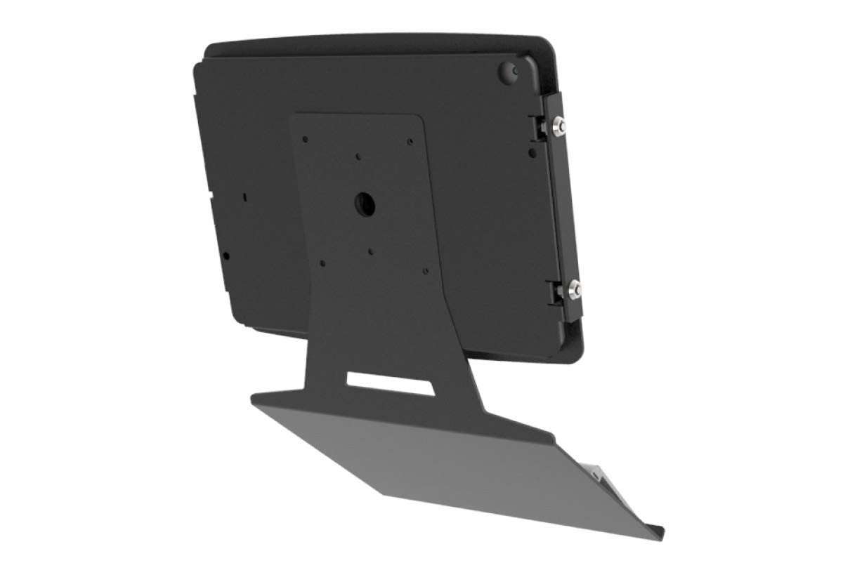 Compulocks UKBTRAYB universal tablet enclosure kiosk with black wall-mounted keyboard tray and secure tablet holder.