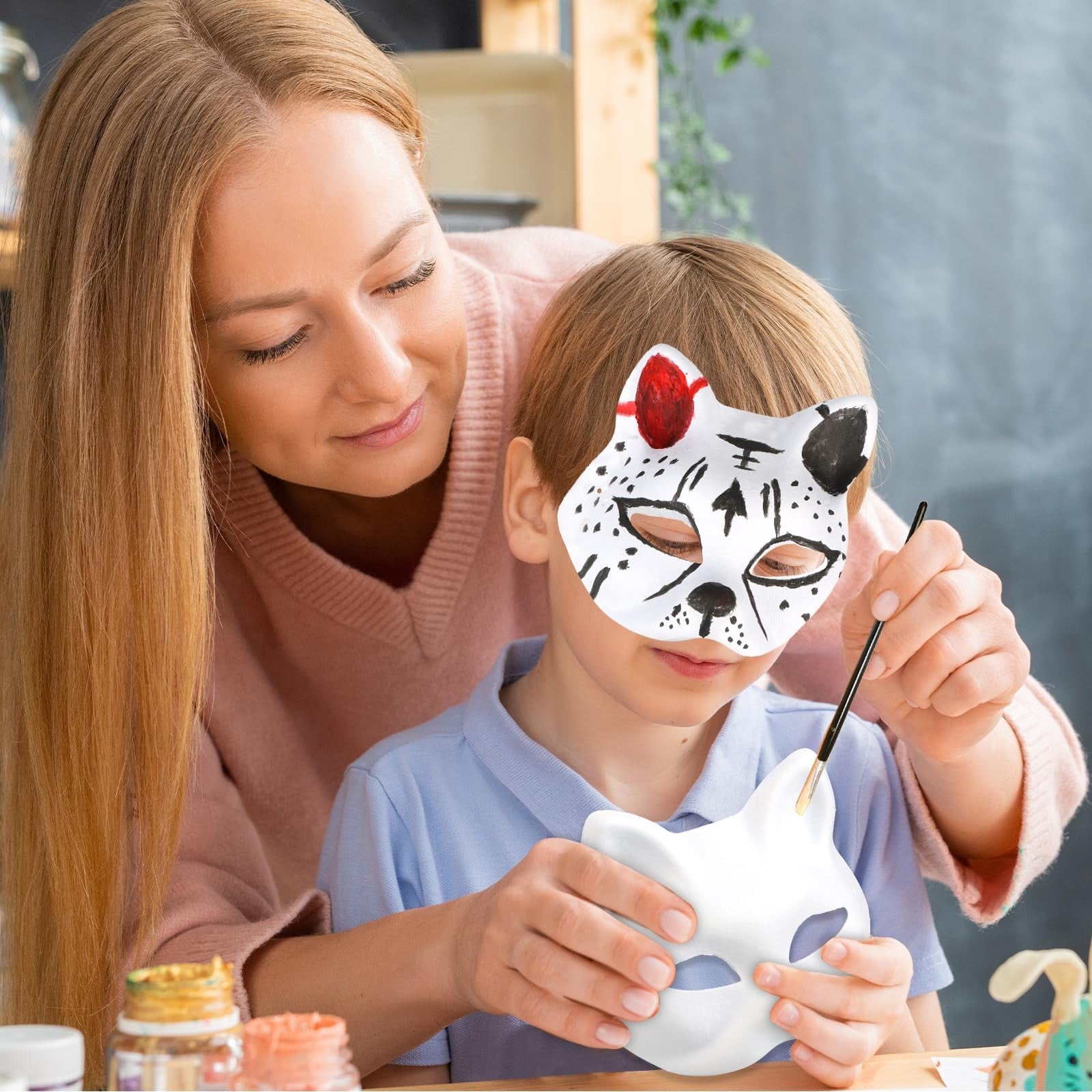 Giftota DIY Therian mask kit with 8 blank cat masks for boys and girls, includes colorful craft supplies for creative mask decorating.