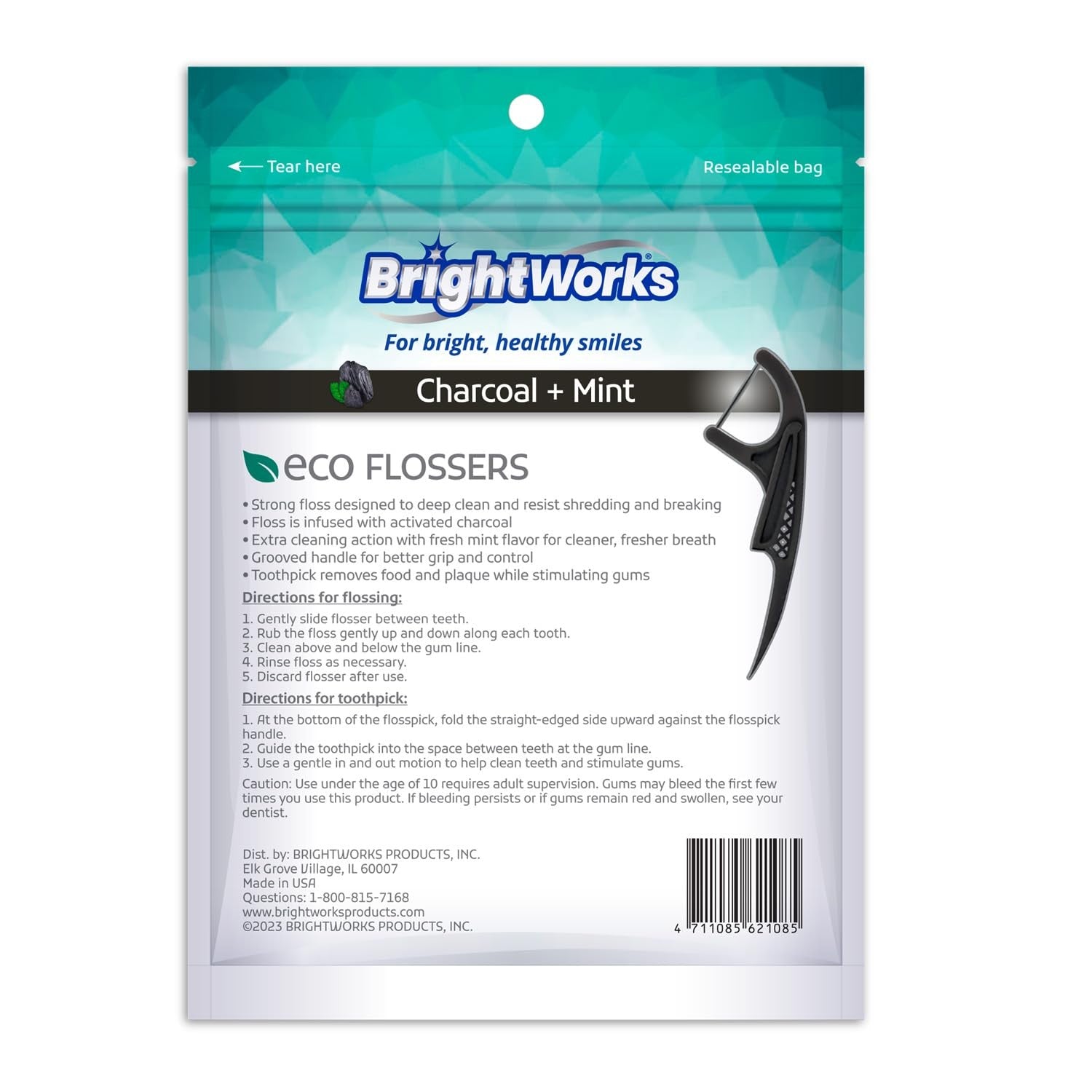 BrightWorks ECO sustainable floss picks in a 225-count pack, PFAS-free, made in the USA, with a close-up of the floss picks' design.