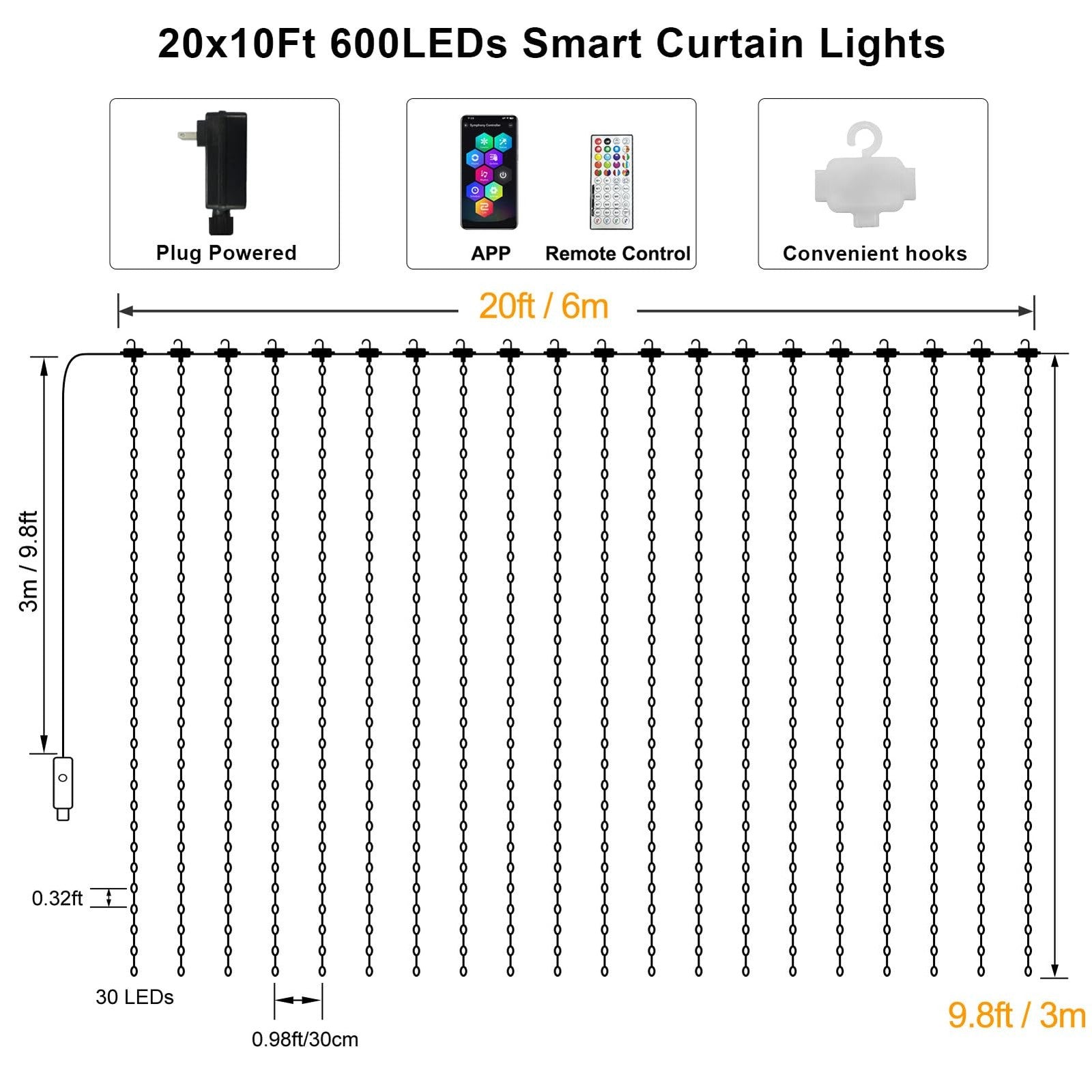 ZAIYW WiFi Smart RGB LED curtain lights with 600 color-changing LEDs hanging in a modern living room setting