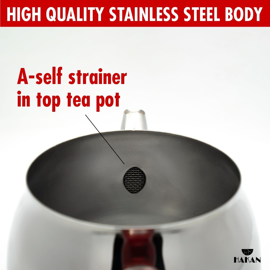 Hakan stainless steel 93 oz teapot set with self-strainer, double lids, and midi size for brewing tea comfortably.