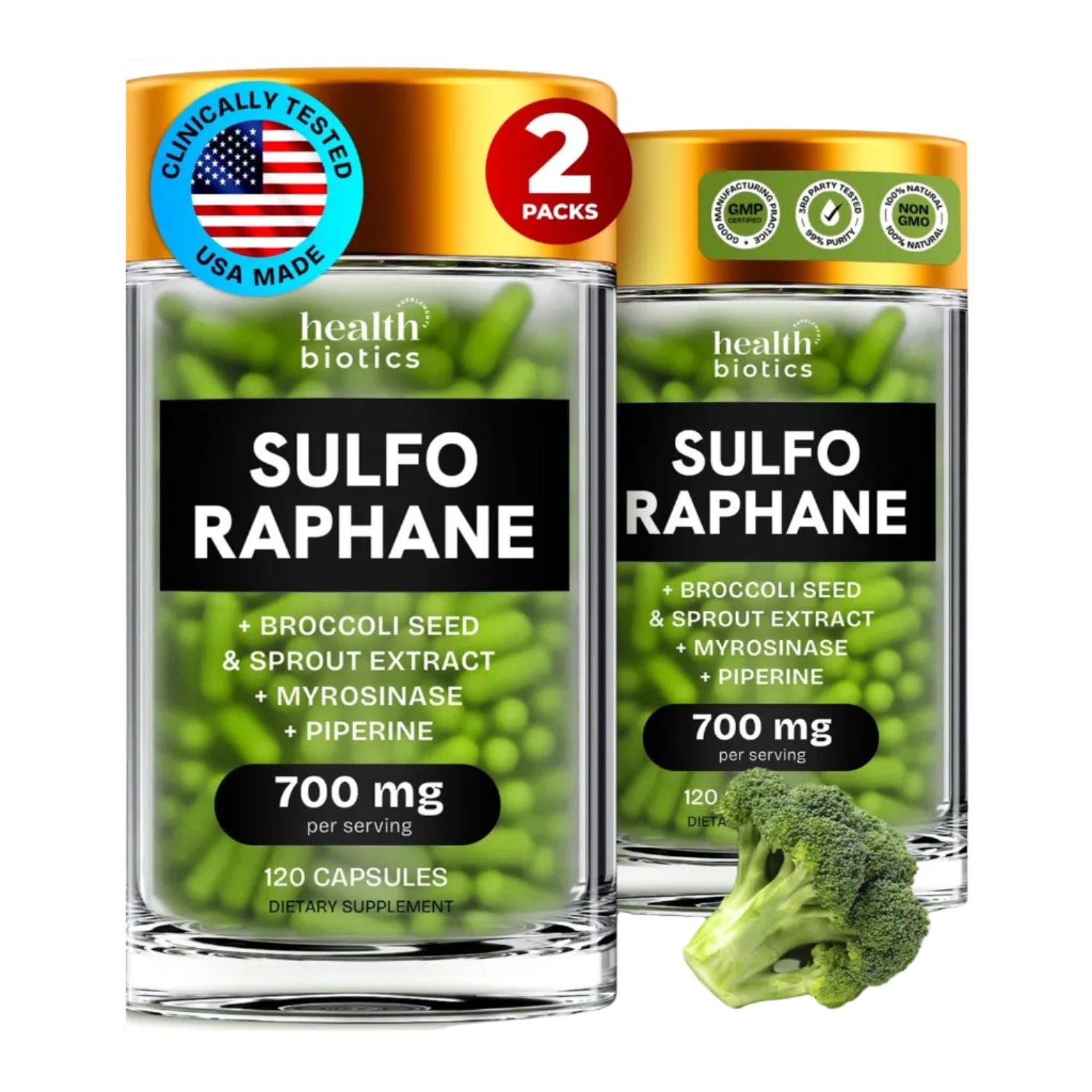Organic broccoli sprouts dietary supplement by Healthbiotics, showcasing two bottles of Sulforaphane supplement.
